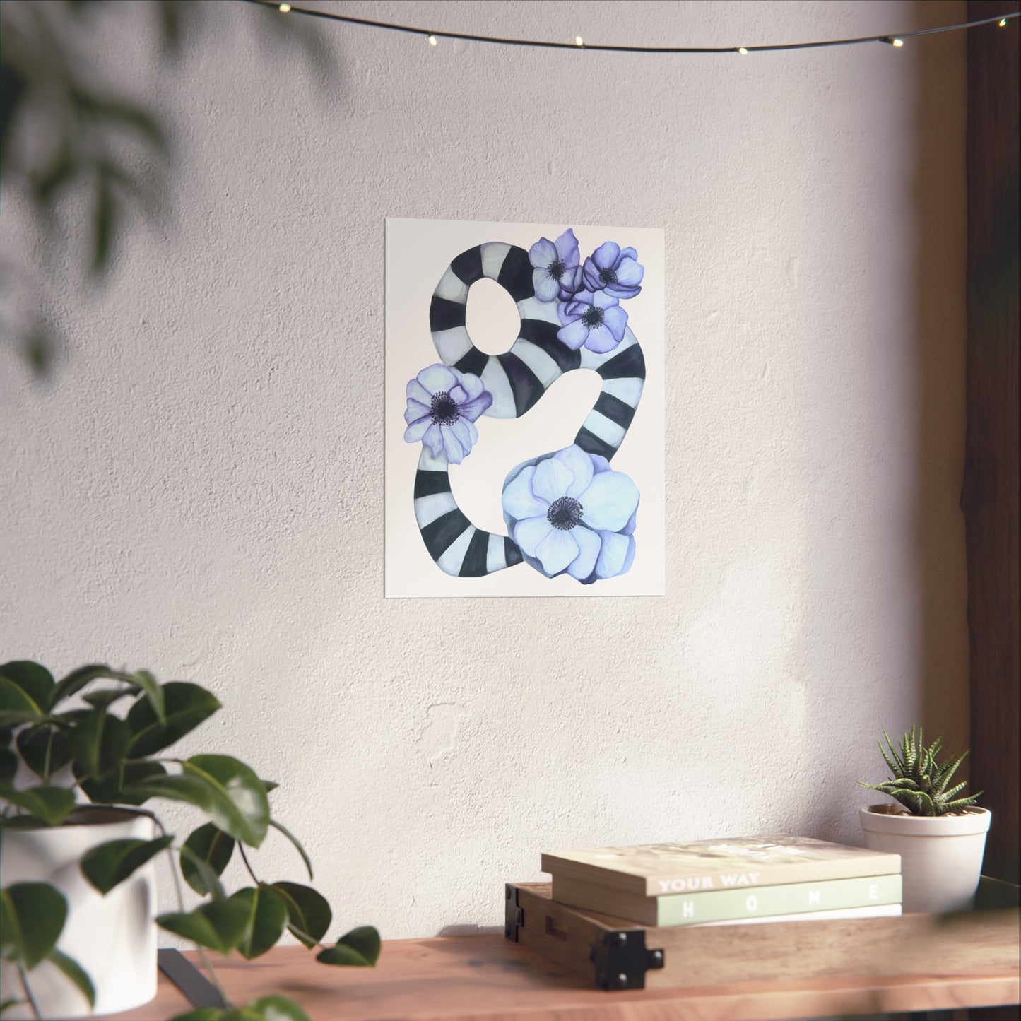 Giclée Art Print — Striped Abstract with Anemones (Botanical Wall Art)