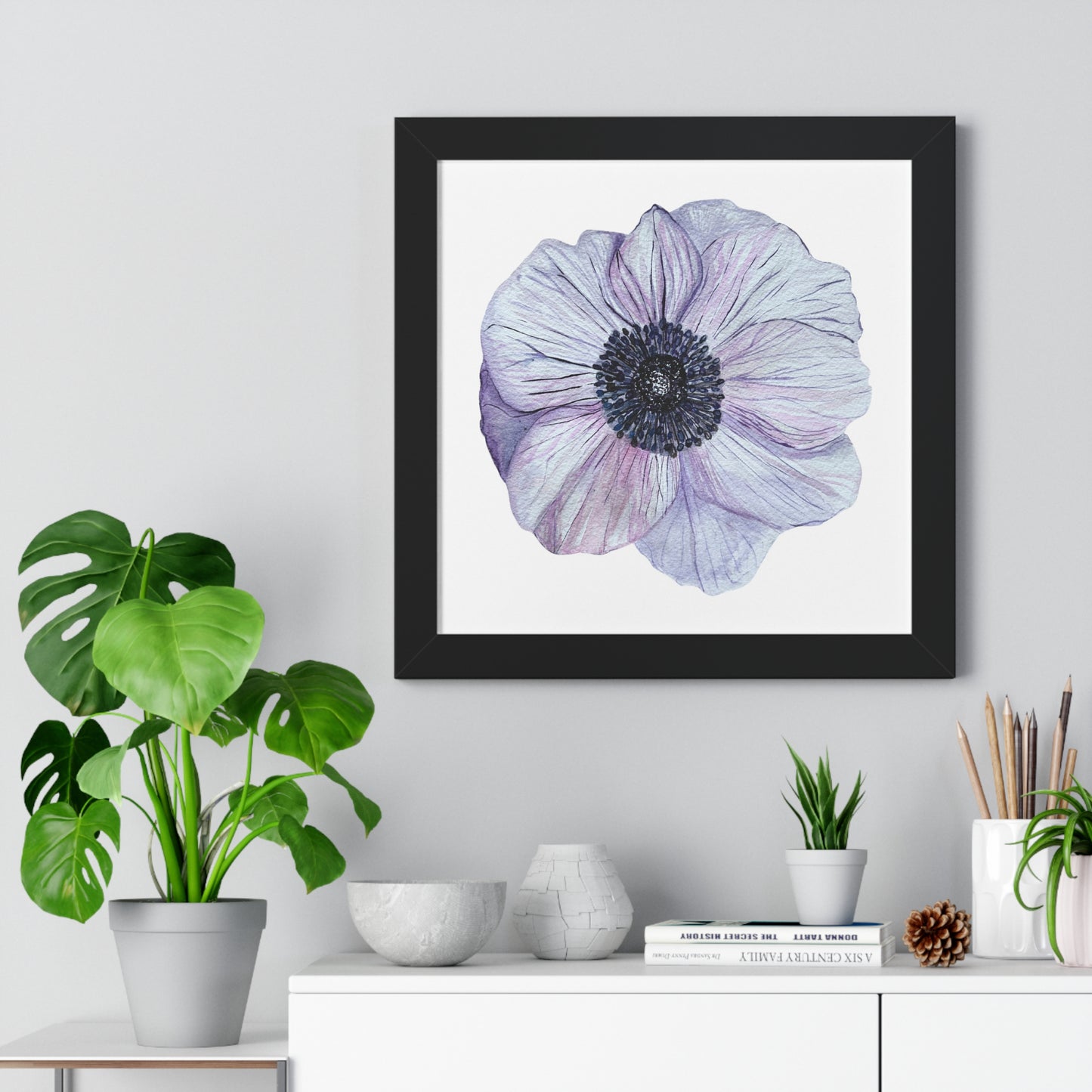 Framed Floral  Print — White Lavender Anemone Wall Art