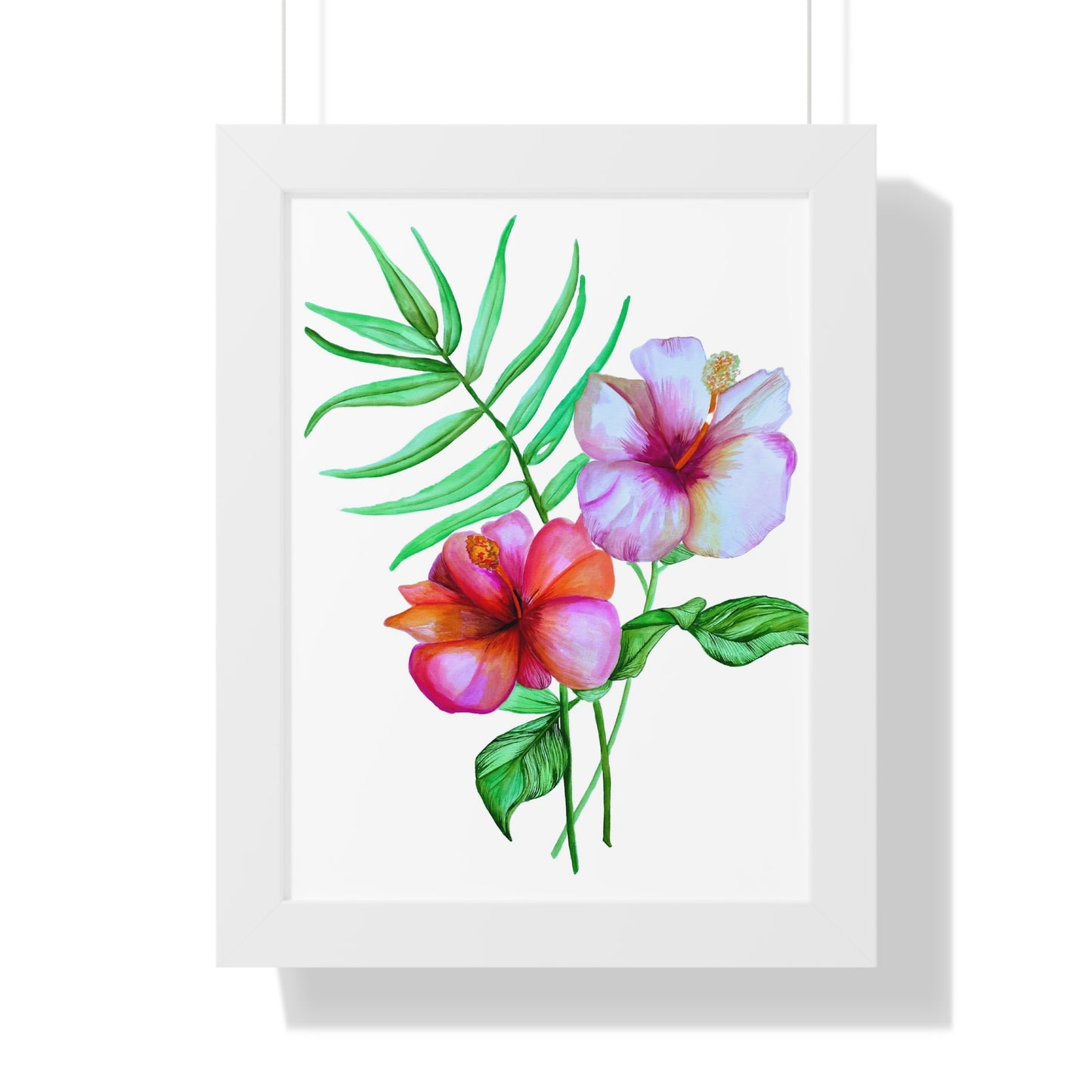 Tropical Hibiscus Framed Print — Watercolor Floral Vertical Wall Art