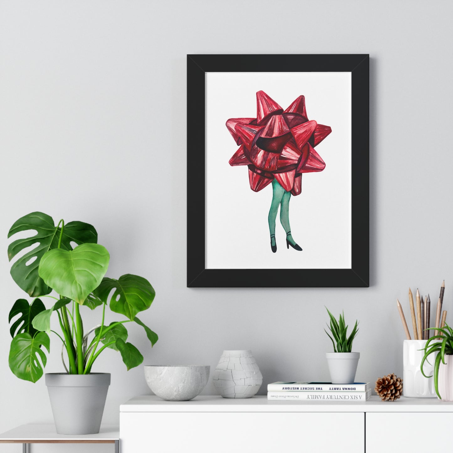 Gift Bow Christmas Woman Framed Print — Quirky Feminine Art Print for Home & Holiday Décor