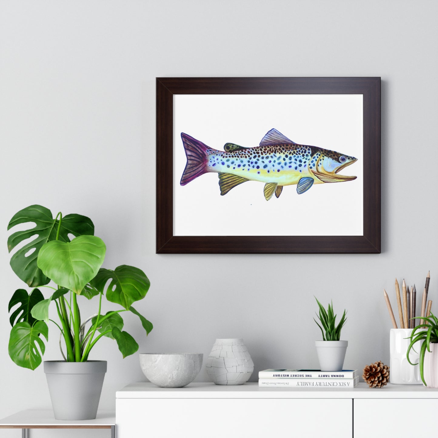 Framed Fish Art Print — Colorful Trout Horizontal Poster for Cabin, Lake House, or Nursery
