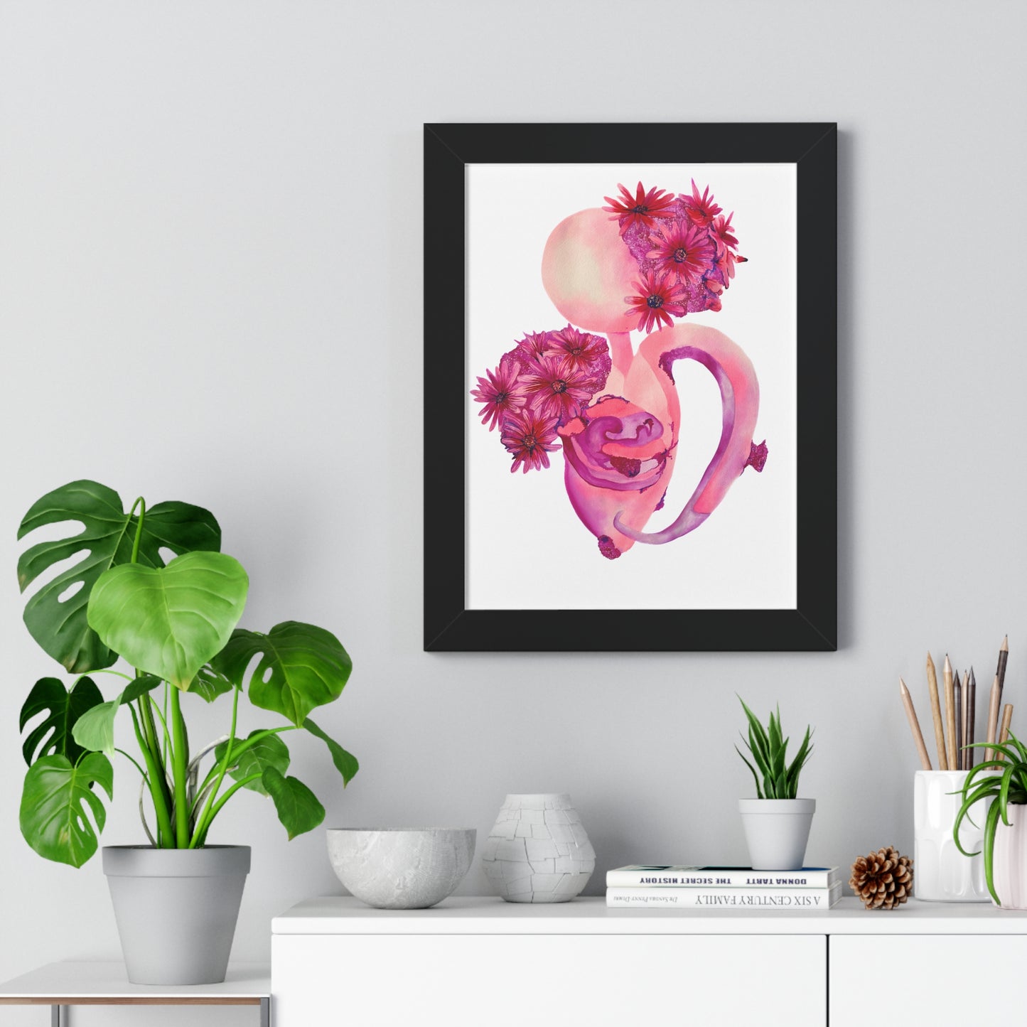 Framed Pink Floral Anatomical Uterus Female Feminist Art Print