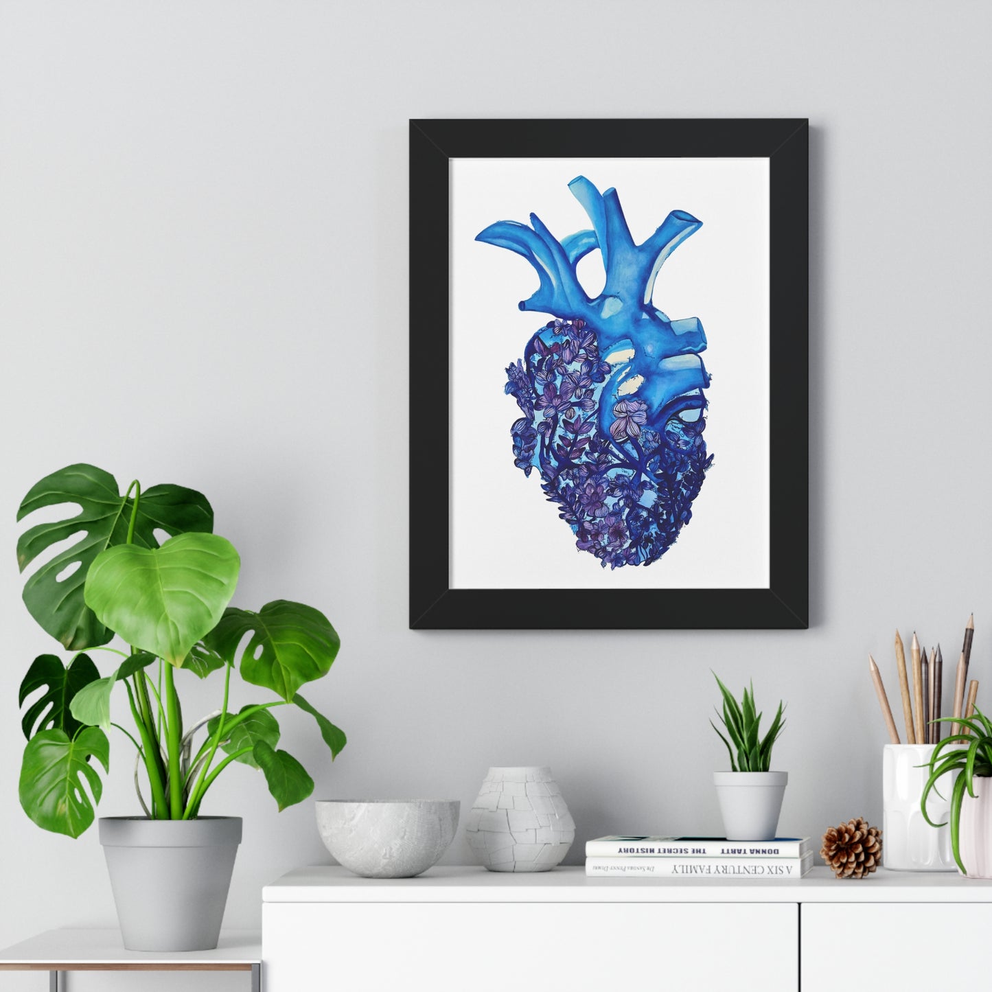 Blue Floral Bluebonnet Anatomical Heart Framed — Botanical Heart Art Print "Deep in The Heart"