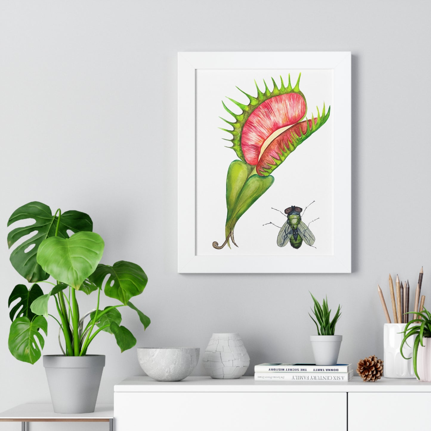 Carnivorous Plant Art Print — Venus Flytrap & Fly Framed