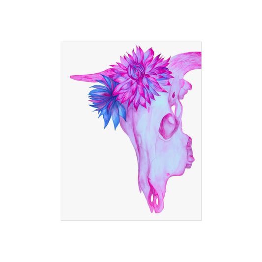 Floral Cow Skull Giclée Art Print — Pink & Blue Boho Wall Art