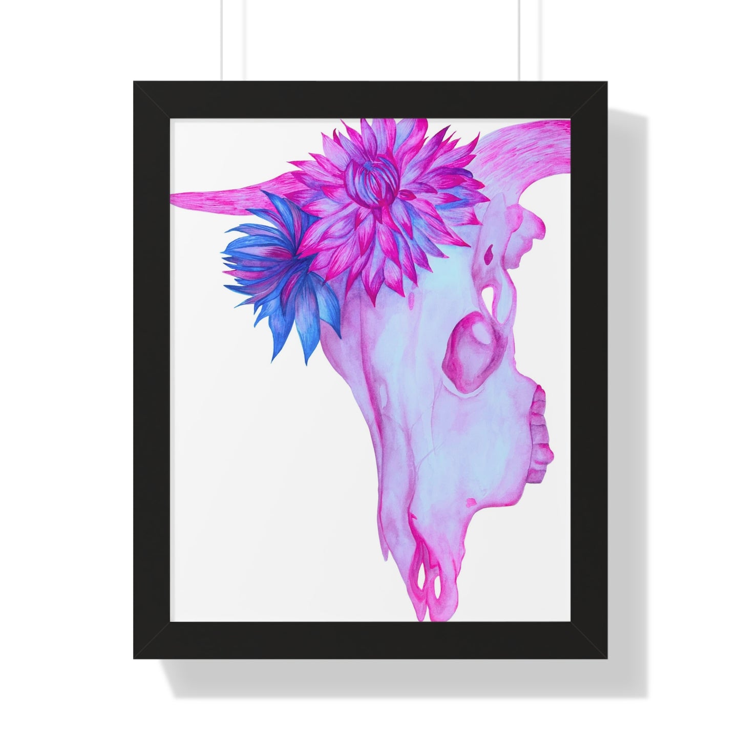 Floral Skull Framed Print  — Pink & Turquoise Cow Skull Wall Art
