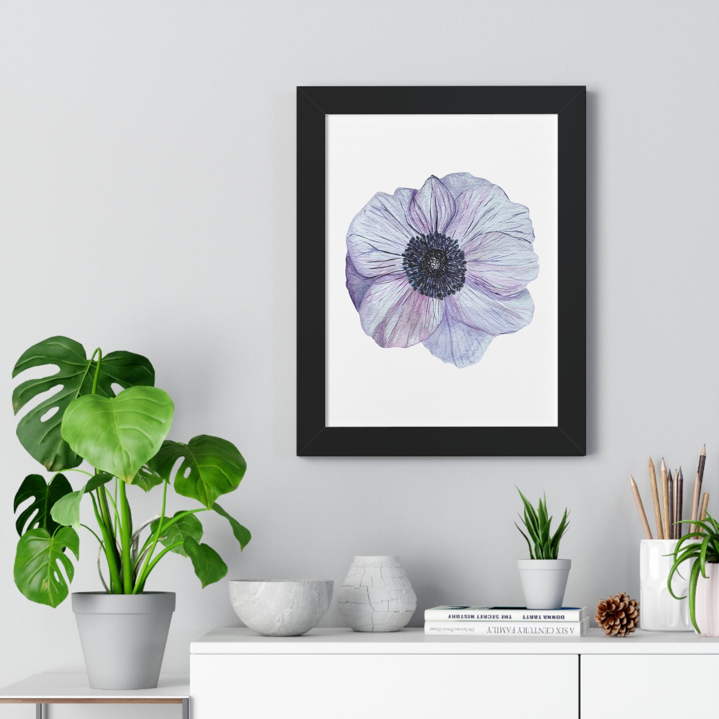 Framed Floral  Print — White Lavender Anemone Wall Art