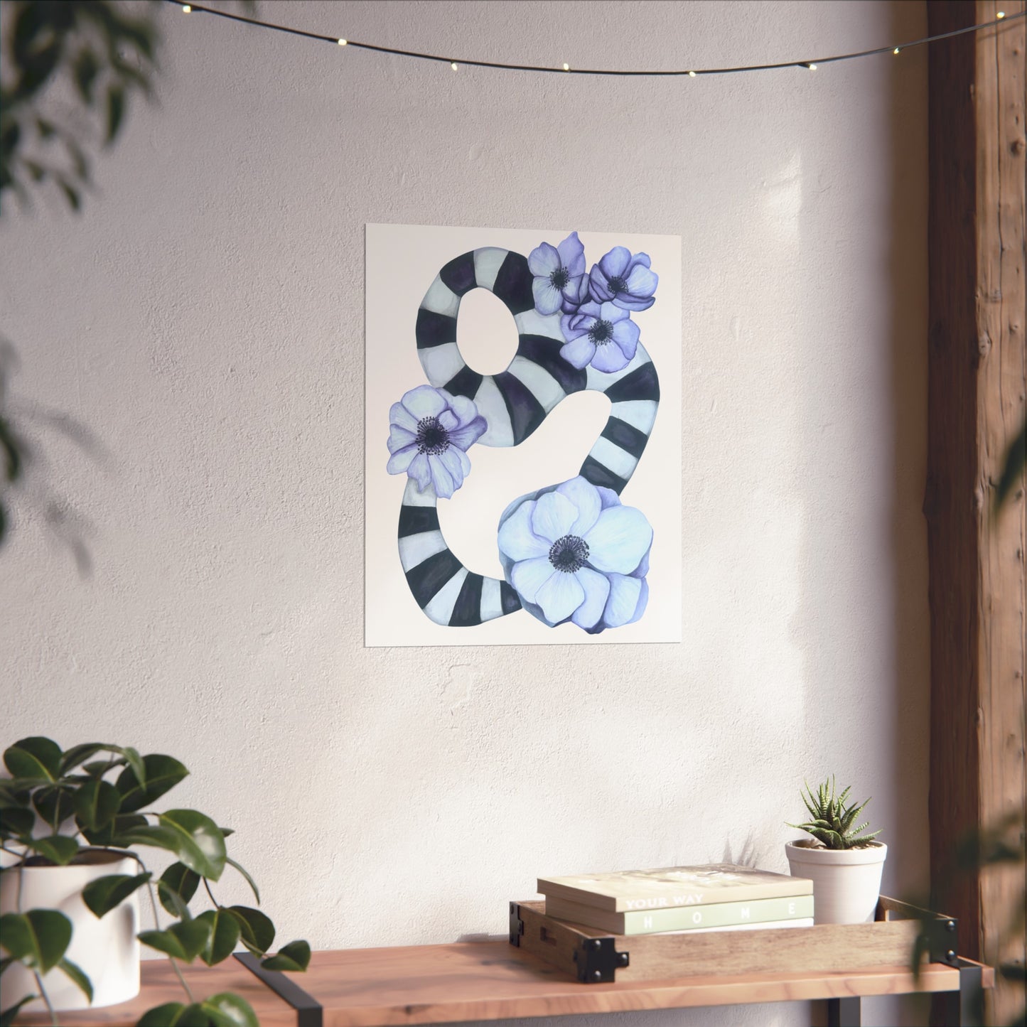 Giclée Art Print — Striped Abstract with Anemones (Botanical Wall Art)