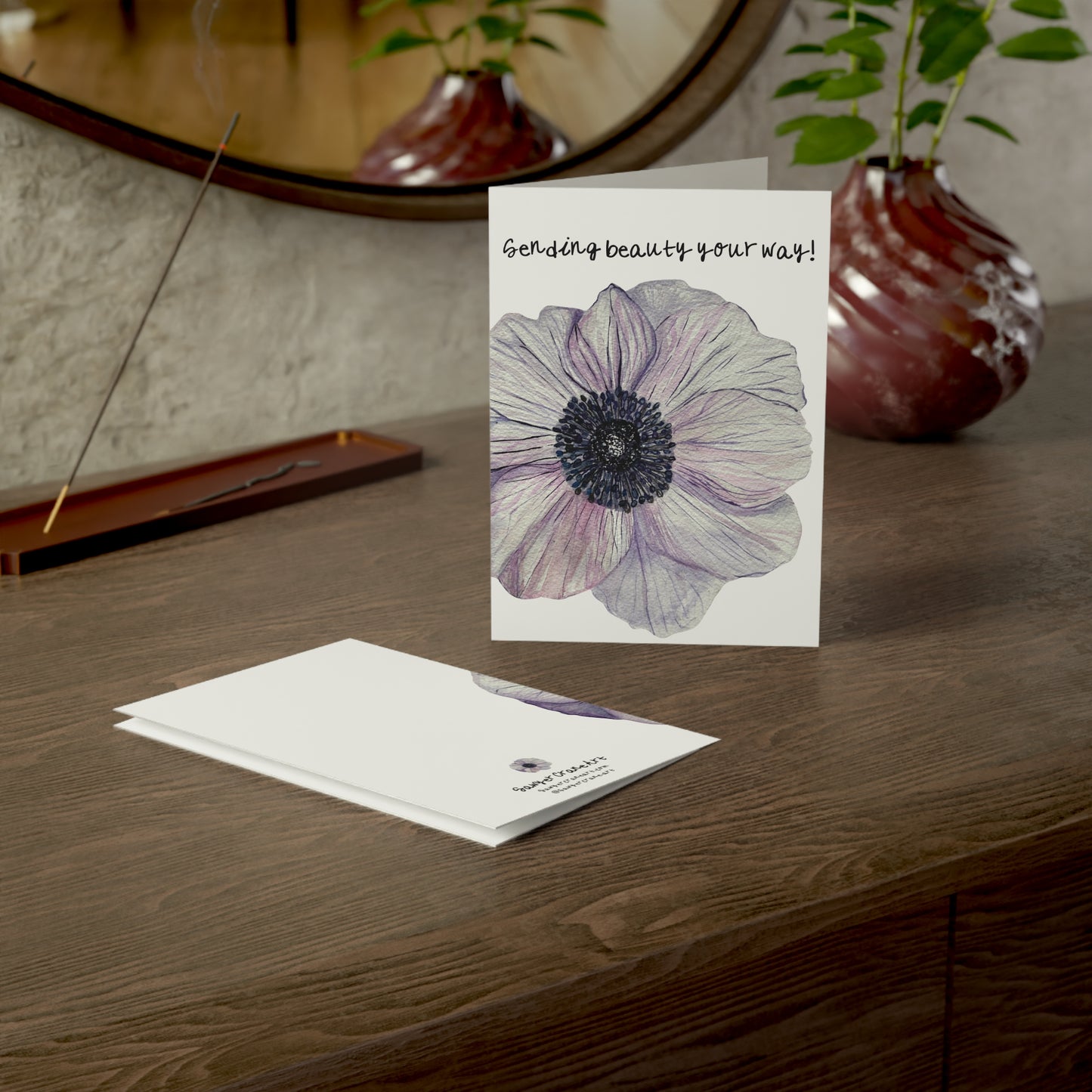 Just Because Anemone Wildflower Greeting Card Handpainted Watercolor Sending Beauty Your Way