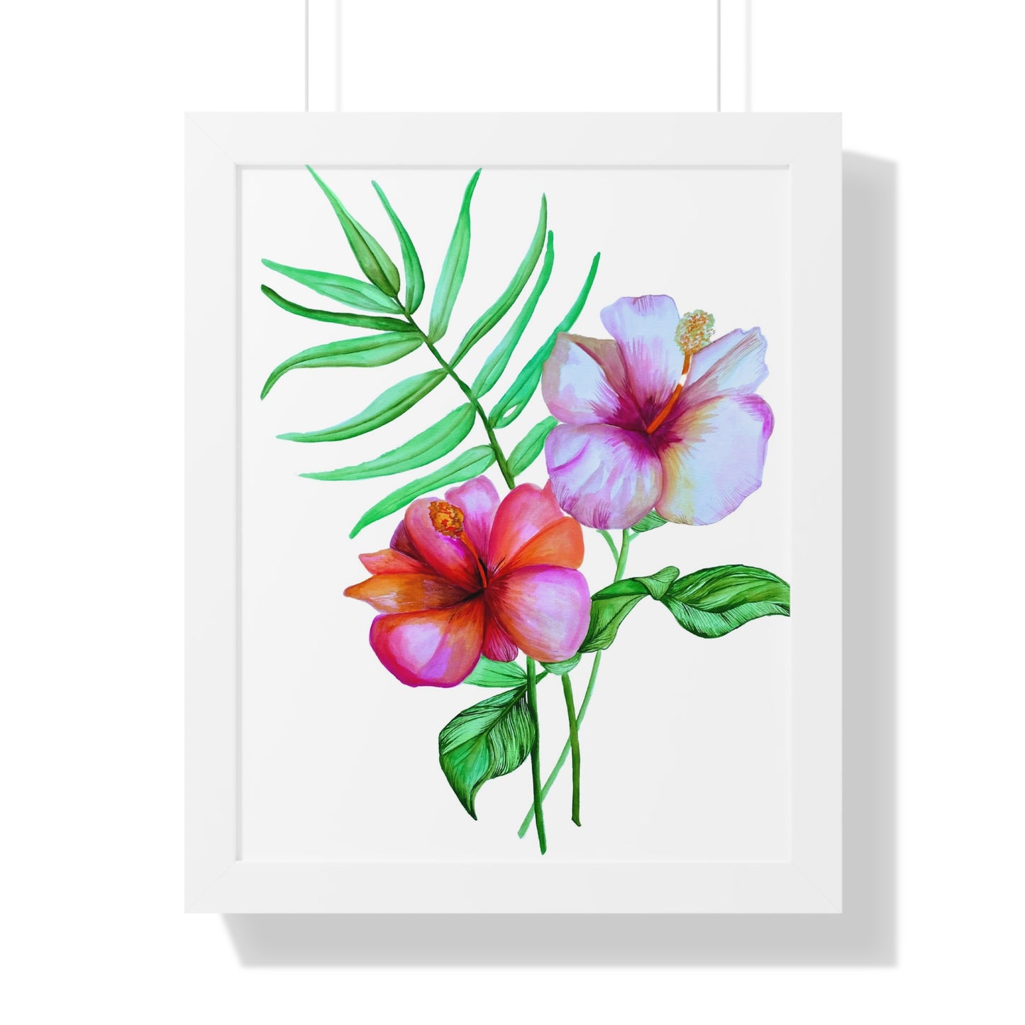 Tropical Hibiscus Framed Print — Watercolor Floral Vertical Wall Art