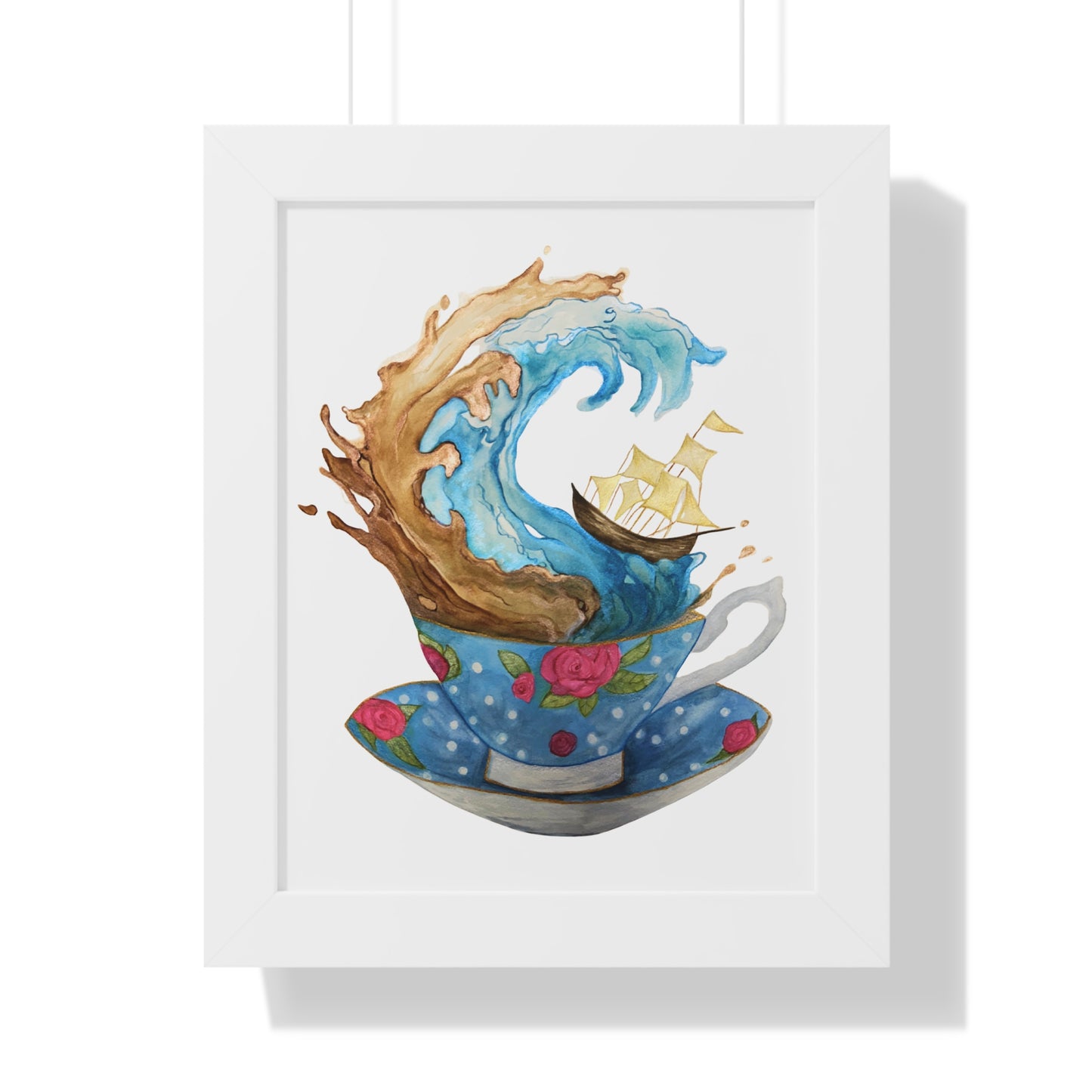 Whimsical Teacup Wave Framed Art Print, Swiftie Sailboat Tea Art Print A Storm Inside A Teacup