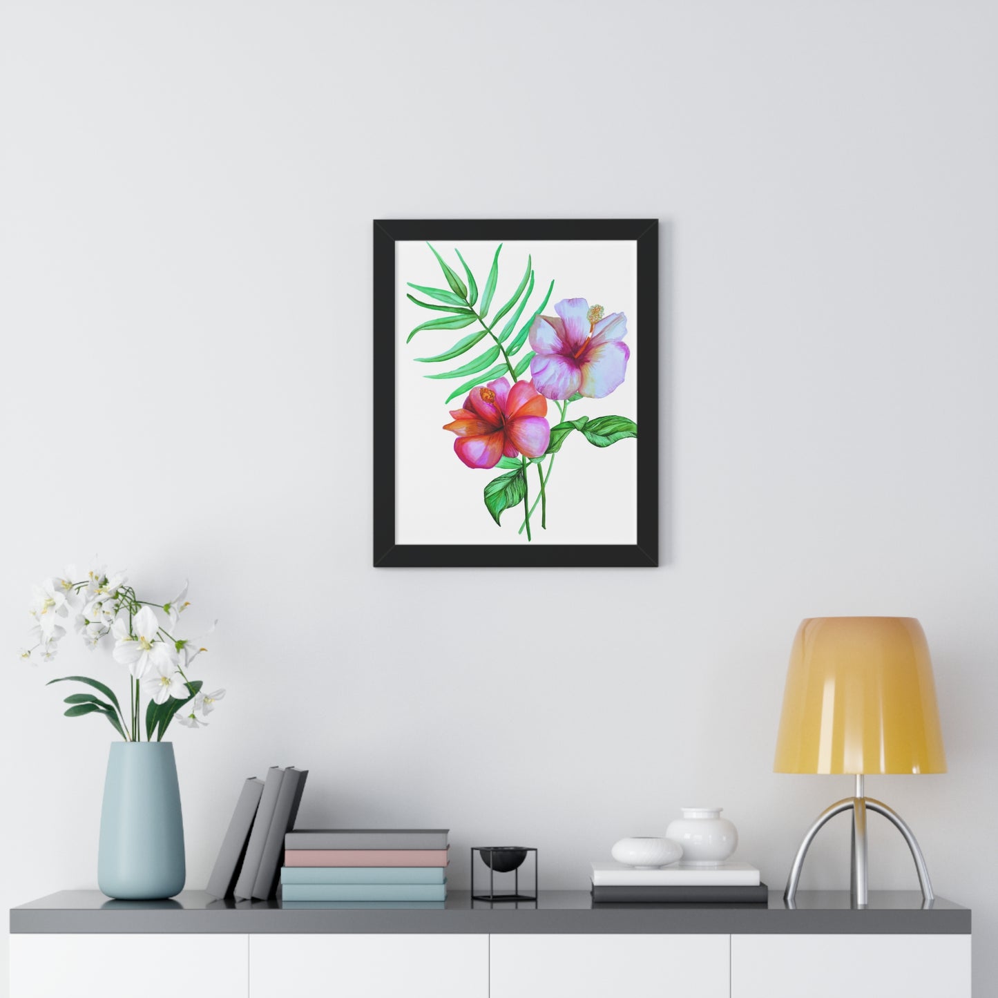 Tropical Hibiscus Framed Print — Watercolor Floral Vertical Wall Art
