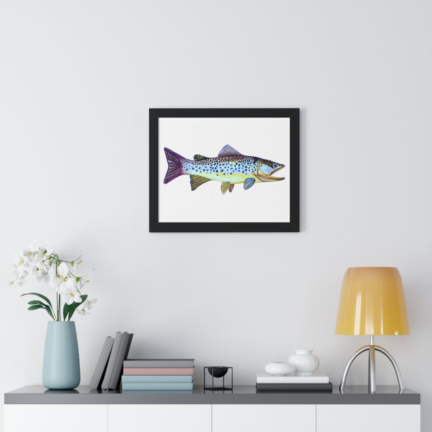 Framed Fish Art Print — Colorful Trout Horizontal Poster for Cabin, Lake House, or Nursery