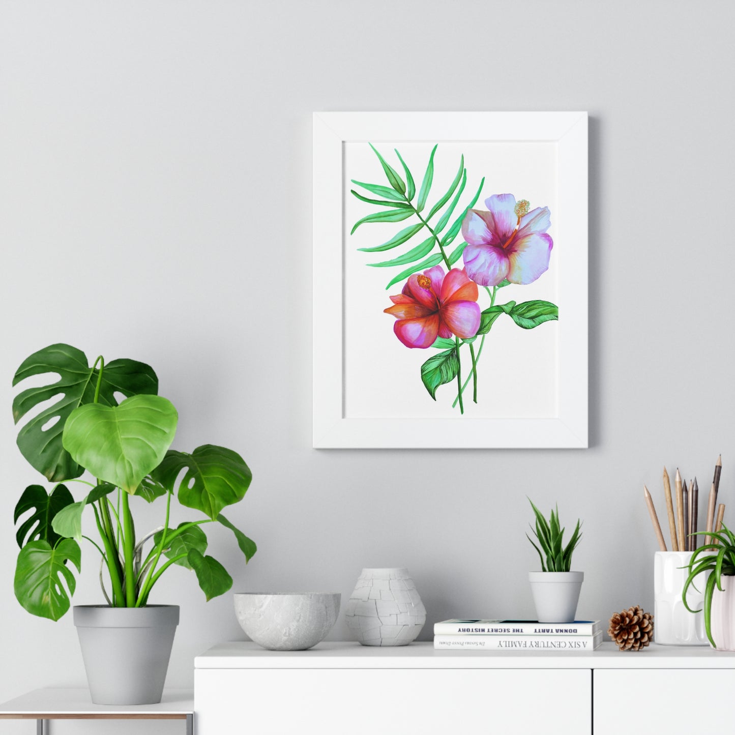 Tropical Hibiscus Framed Print — Watercolor Floral Vertical Wall Art