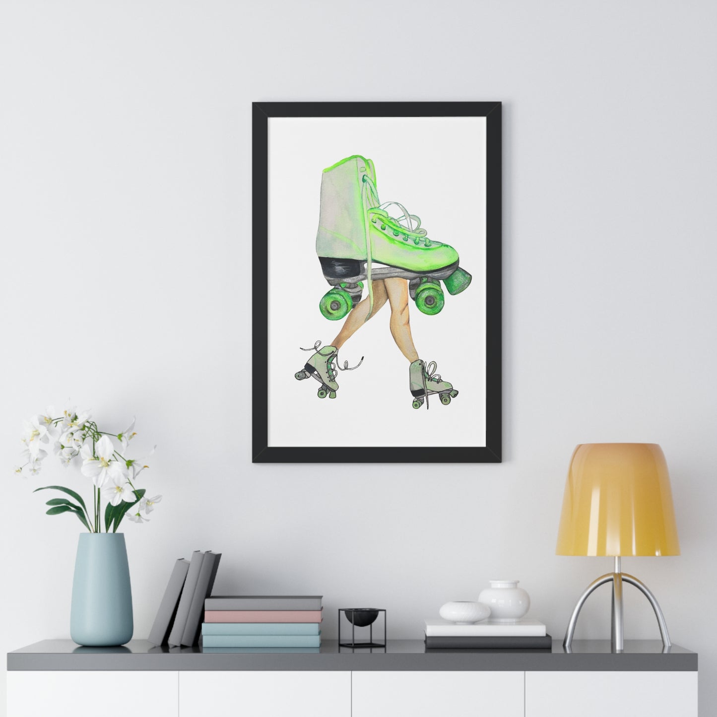 Roller Skate Art Print — Neon Green Roller Skates Framed Print