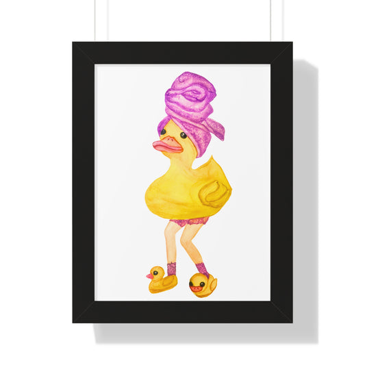 Framed Art Print - Quirky Duck in Towel & Slippers