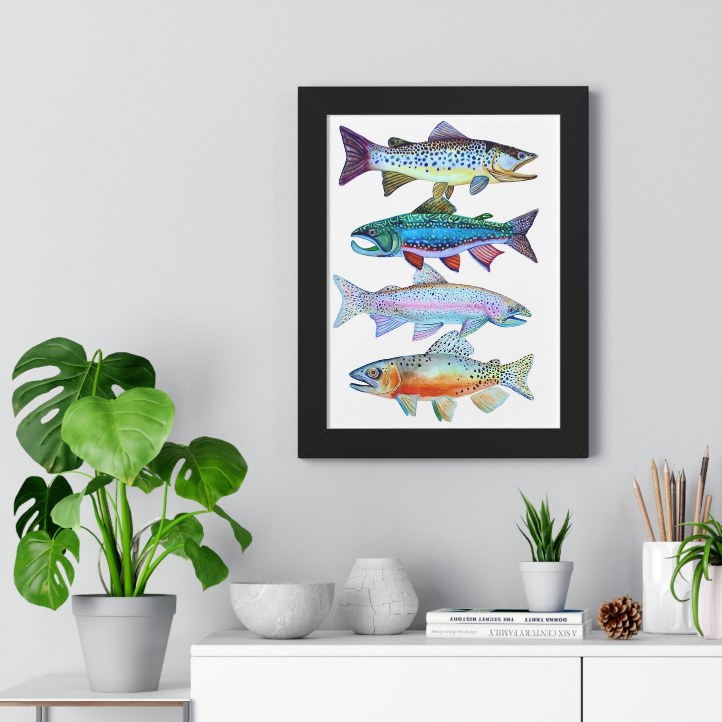 Colorful Trout Fish Watercolor Print Framed