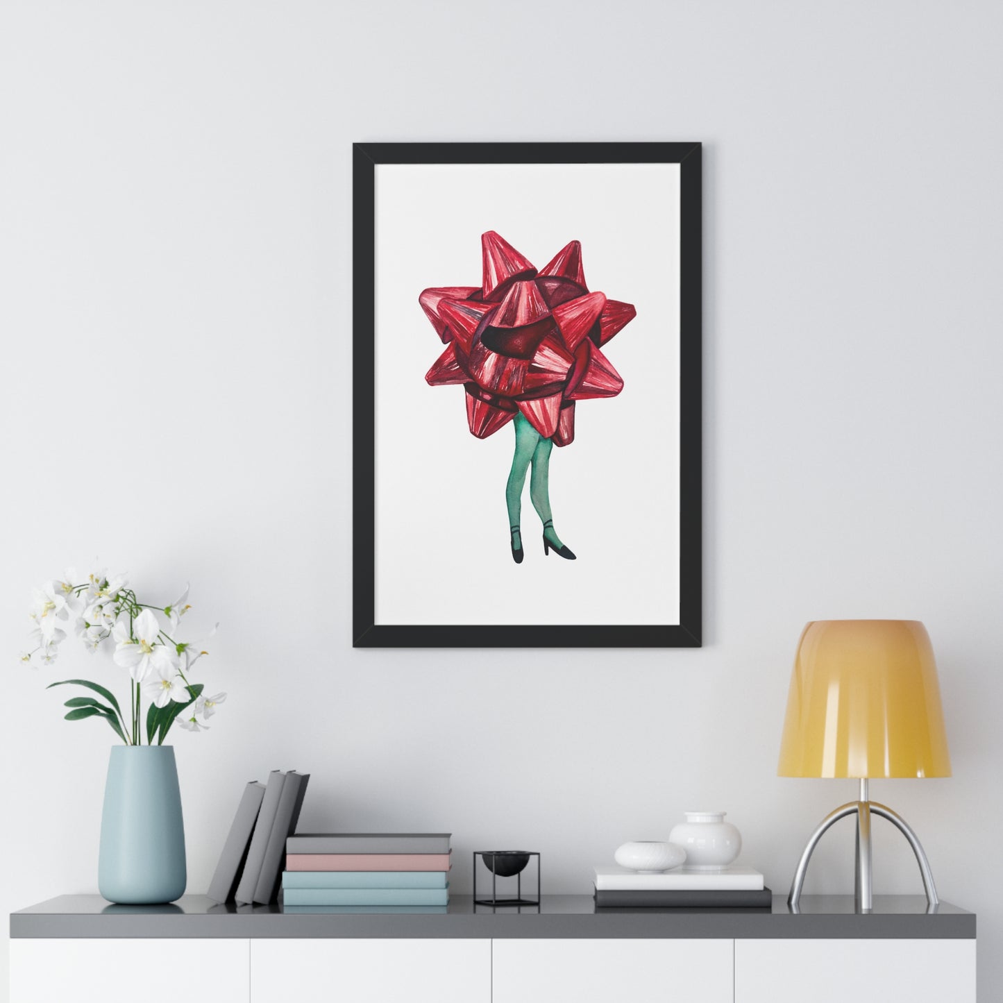 Gift Bow Christmas Woman Framed Print — Quirky Feminine Art Print for Home & Holiday Décor