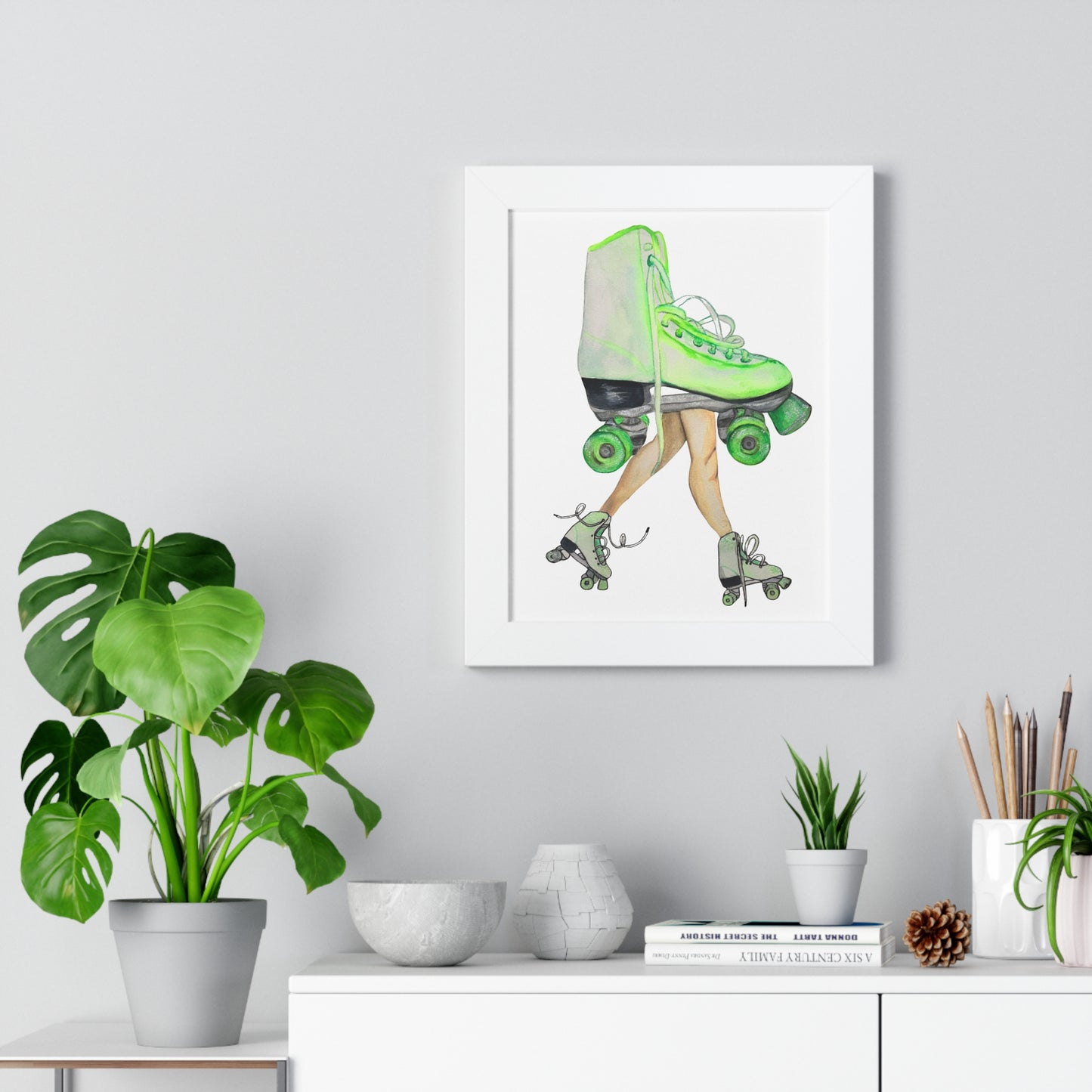 Roller Skate Art Print — Neon Green Roller Skates Framed Print