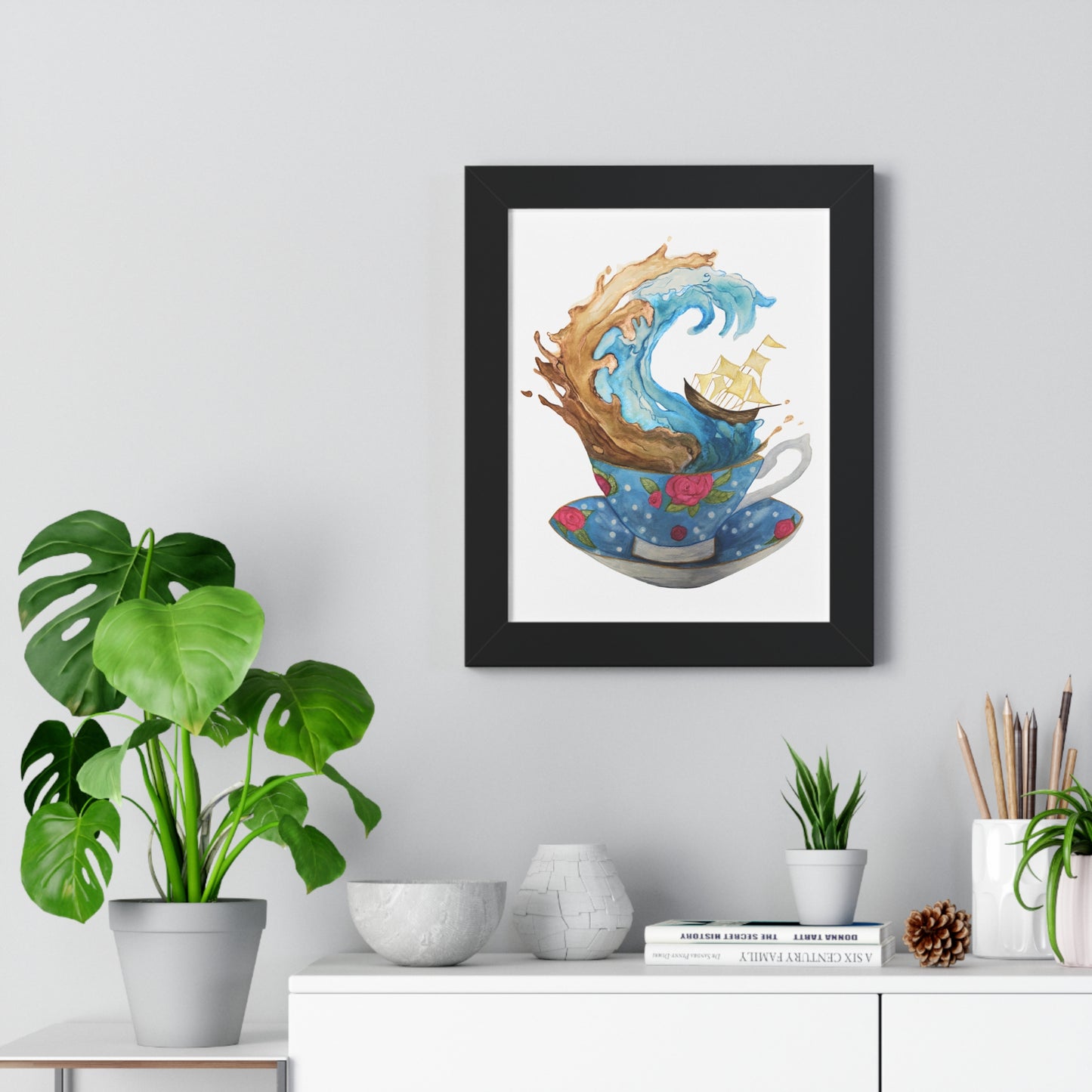 Whimsical Teacup Wave Framed Art Print, Swiftie Sailboat Tea Art Print A Storm Inside A Teacup