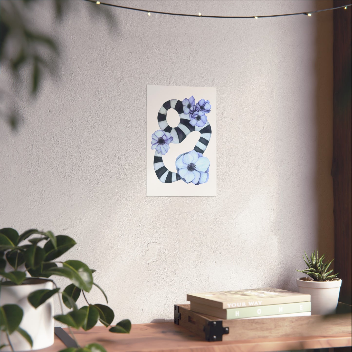 Giclée Art Print — Striped Abstract with Anemones (Botanical Wall Art)