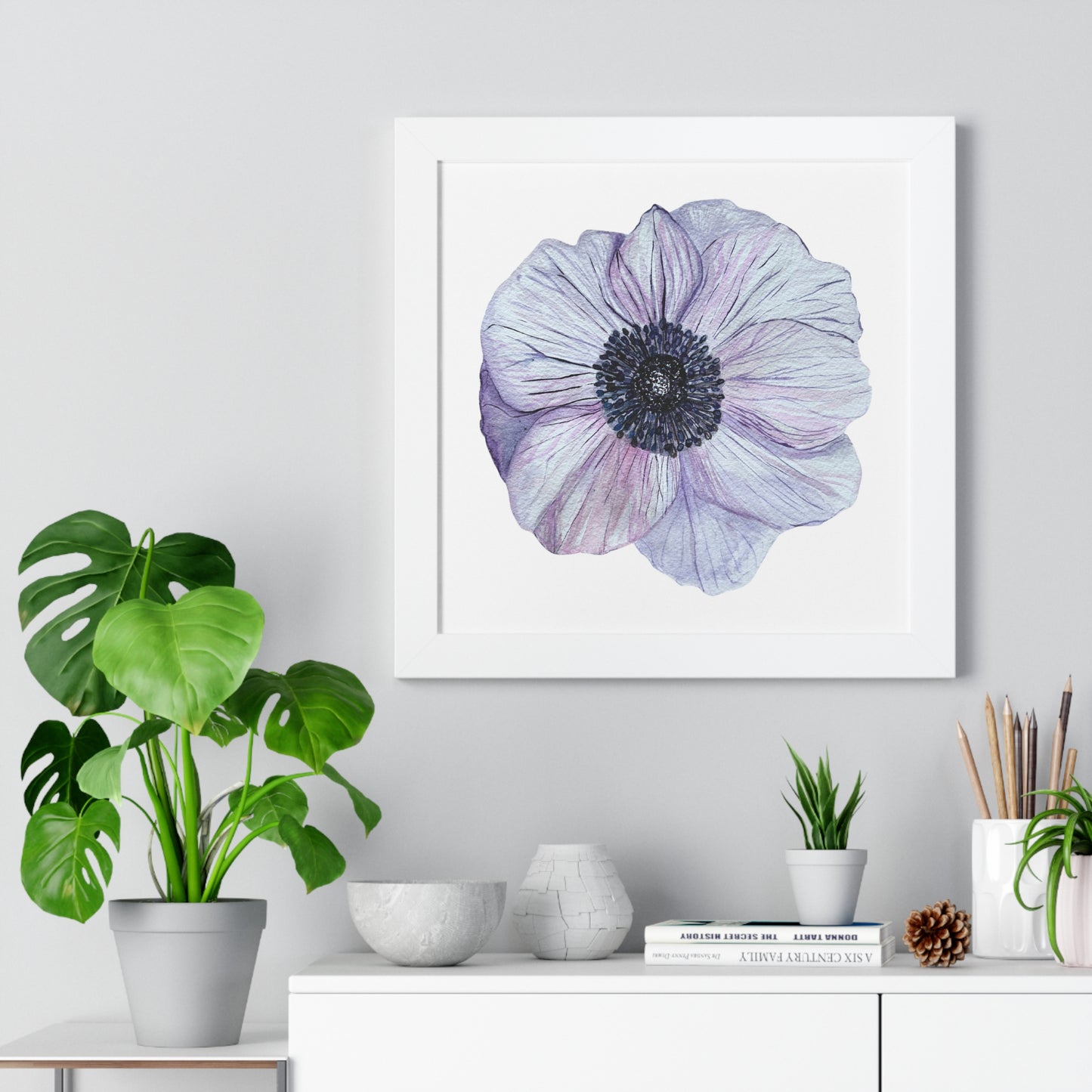 Framed Floral  Print — White Lavender Anemone Wall Art