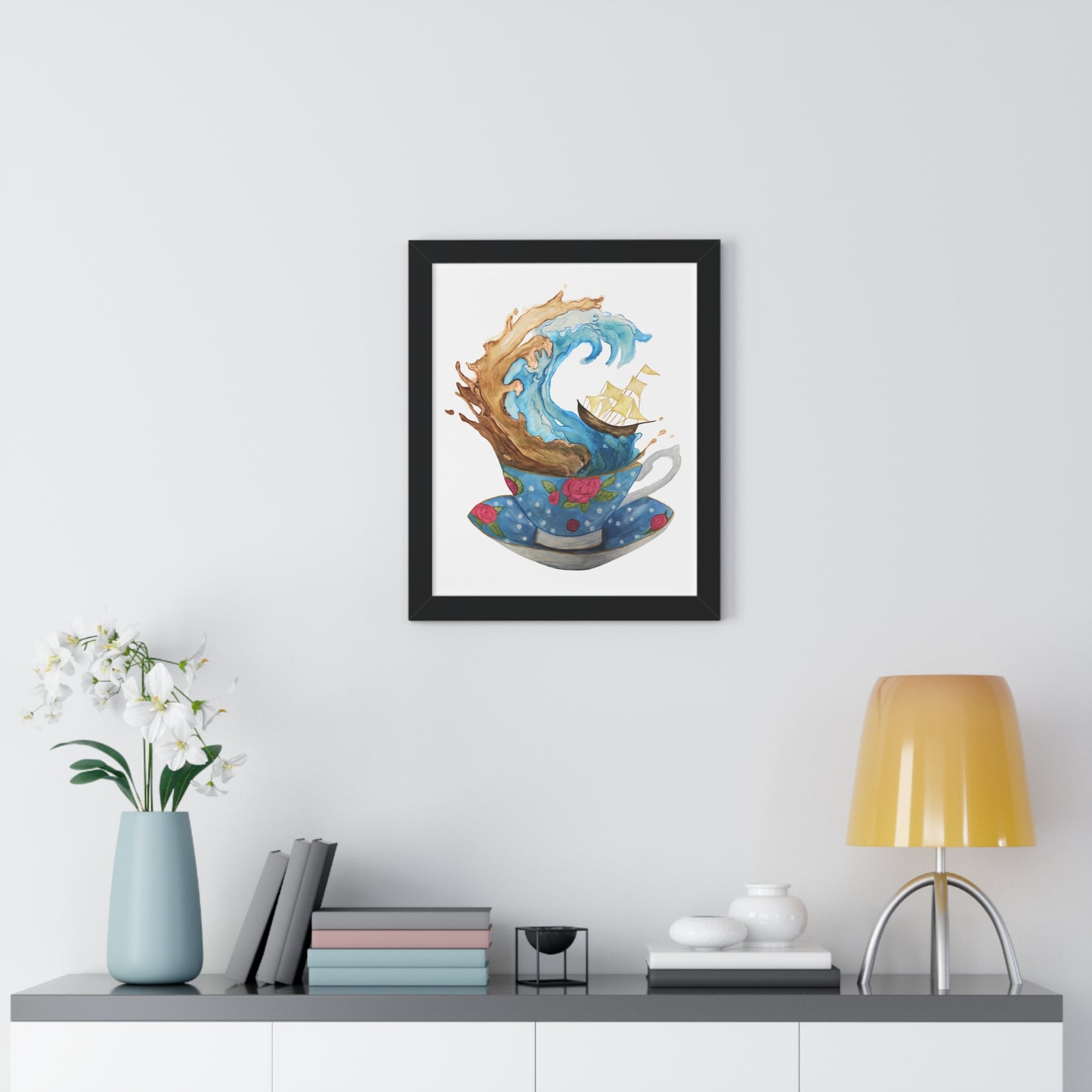 Whimsical Teacup Wave Framed Art Print, Swiftie Sailboat Tea Art Print A Storm Inside A Teacup