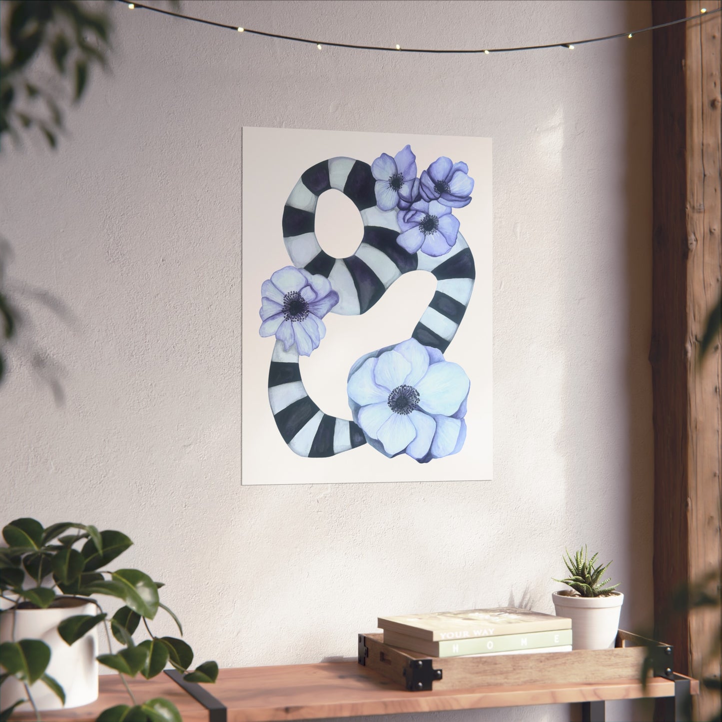 Giclée Art Print — Striped Abstract with Anemones (Botanical Wall Art)