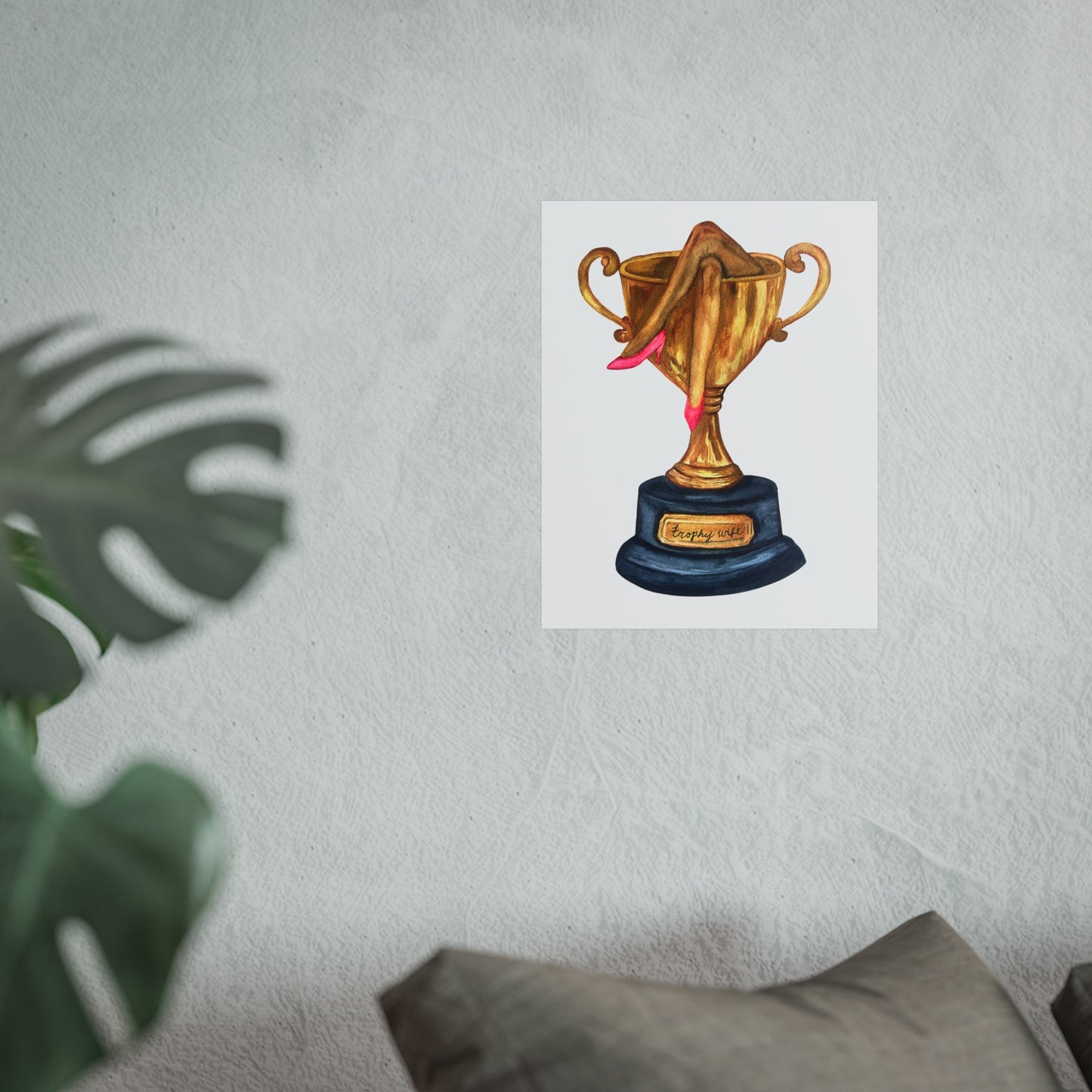Trophy Wife Golden Trophy with Pink Shoes Illustration Print