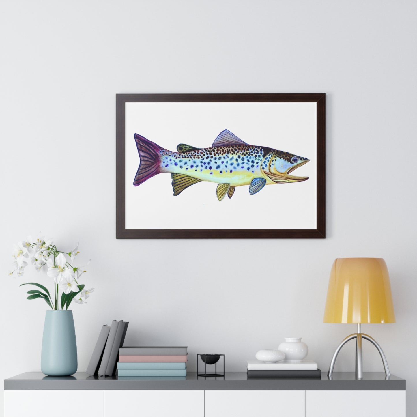 Framed Fish Art Print — Colorful Trout Horizontal Poster for Cabin, Lake House, or Nursery