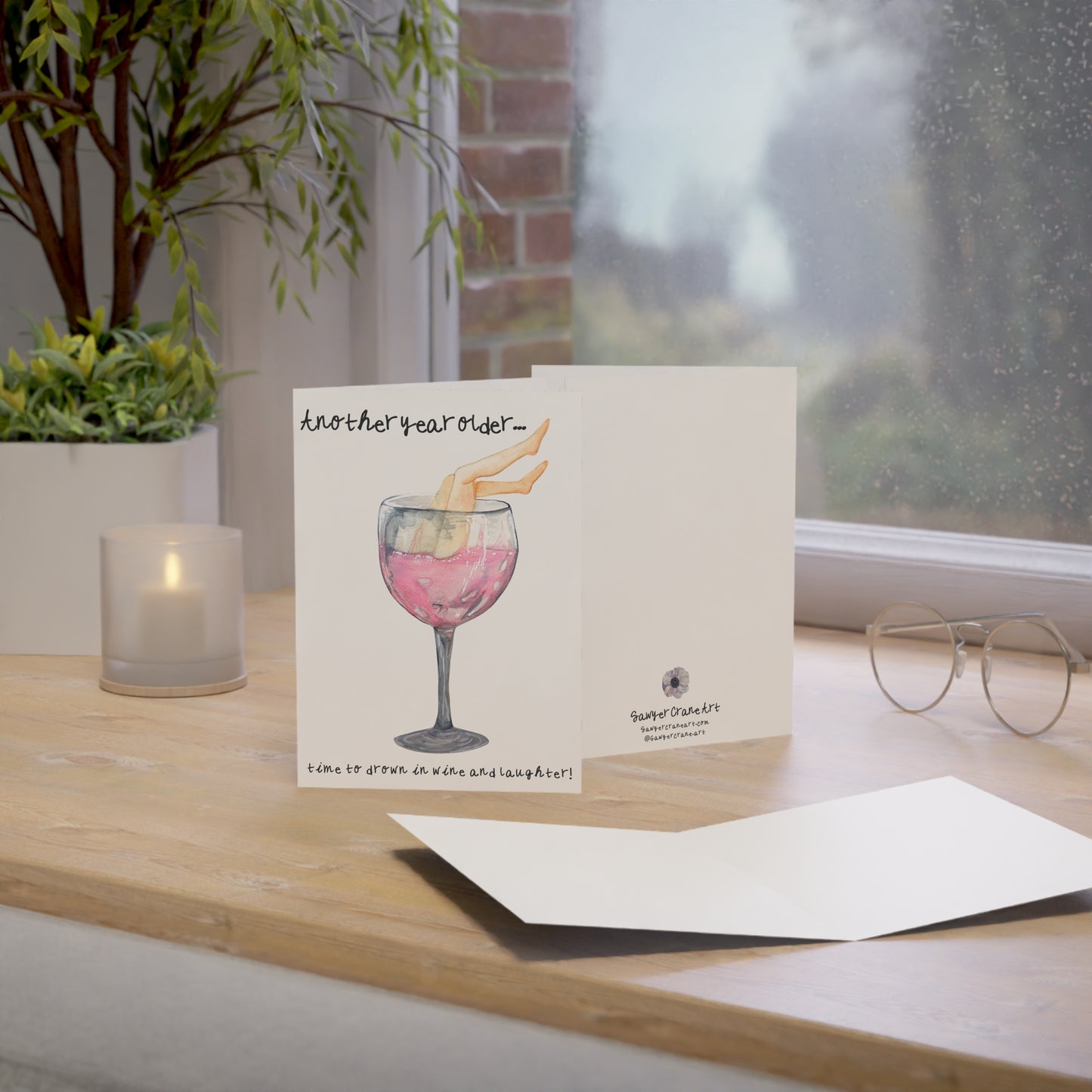 Birthday Greeting Card – “Another Year Older… Time to Drown in Wine and Laughter” (Wine Glass Illustration)