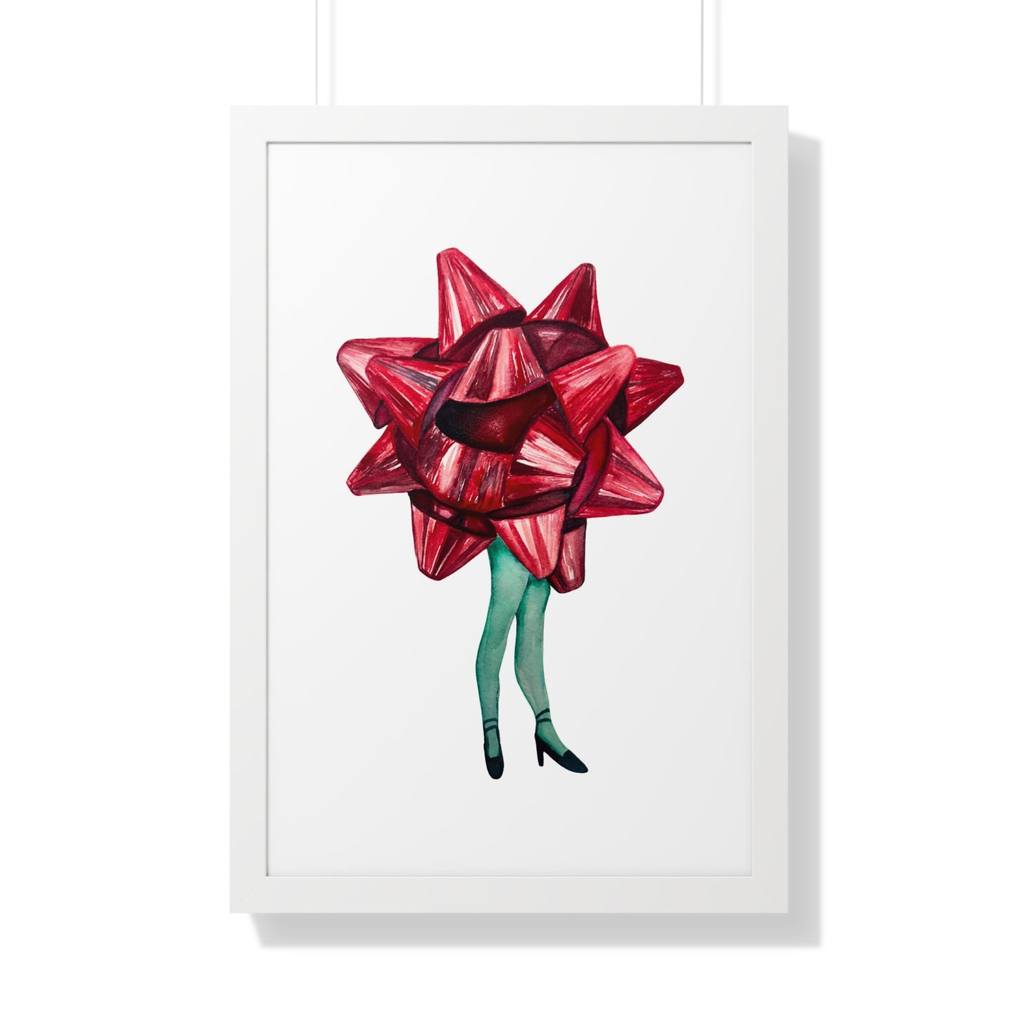 Gift Bow Christmas Woman Framed Print — Quirky Feminine Art Print for Home & Holiday Décor