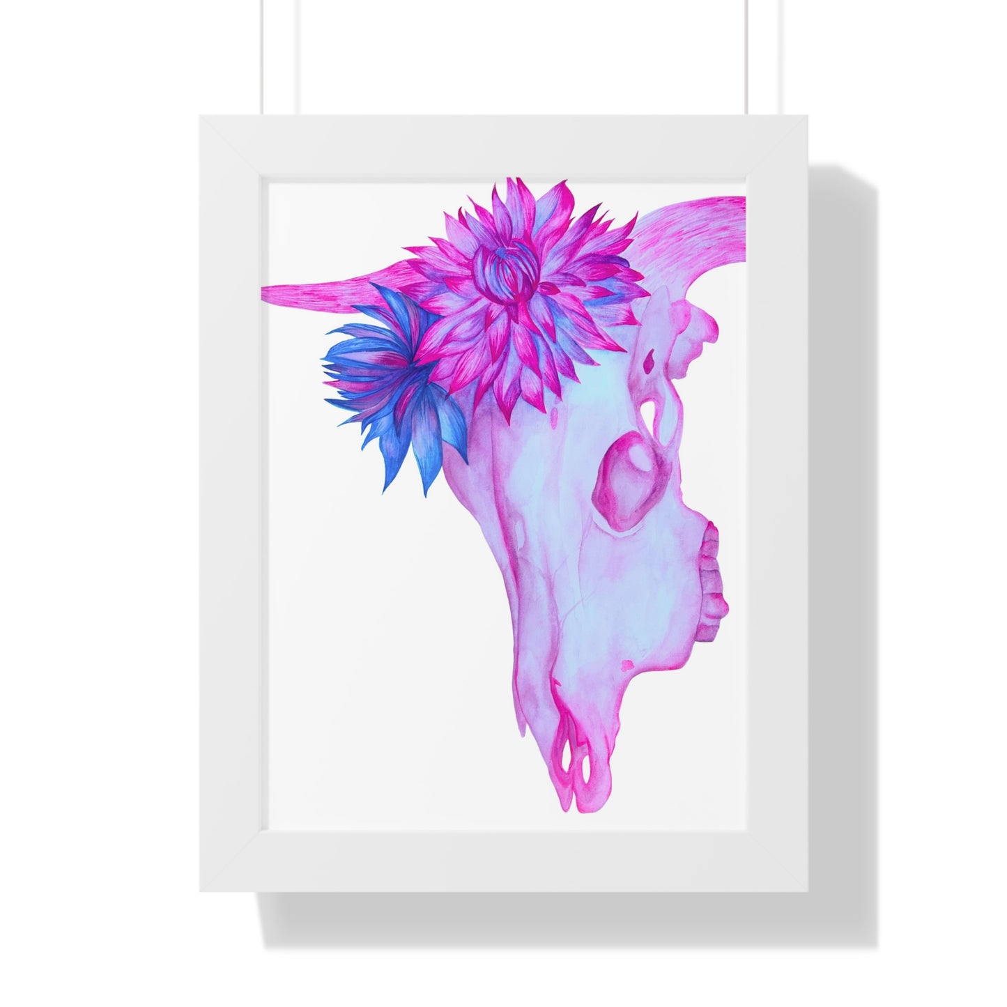 Floral Skull Framed Print  — Pink & Turquoise Cow Skull Wall Art