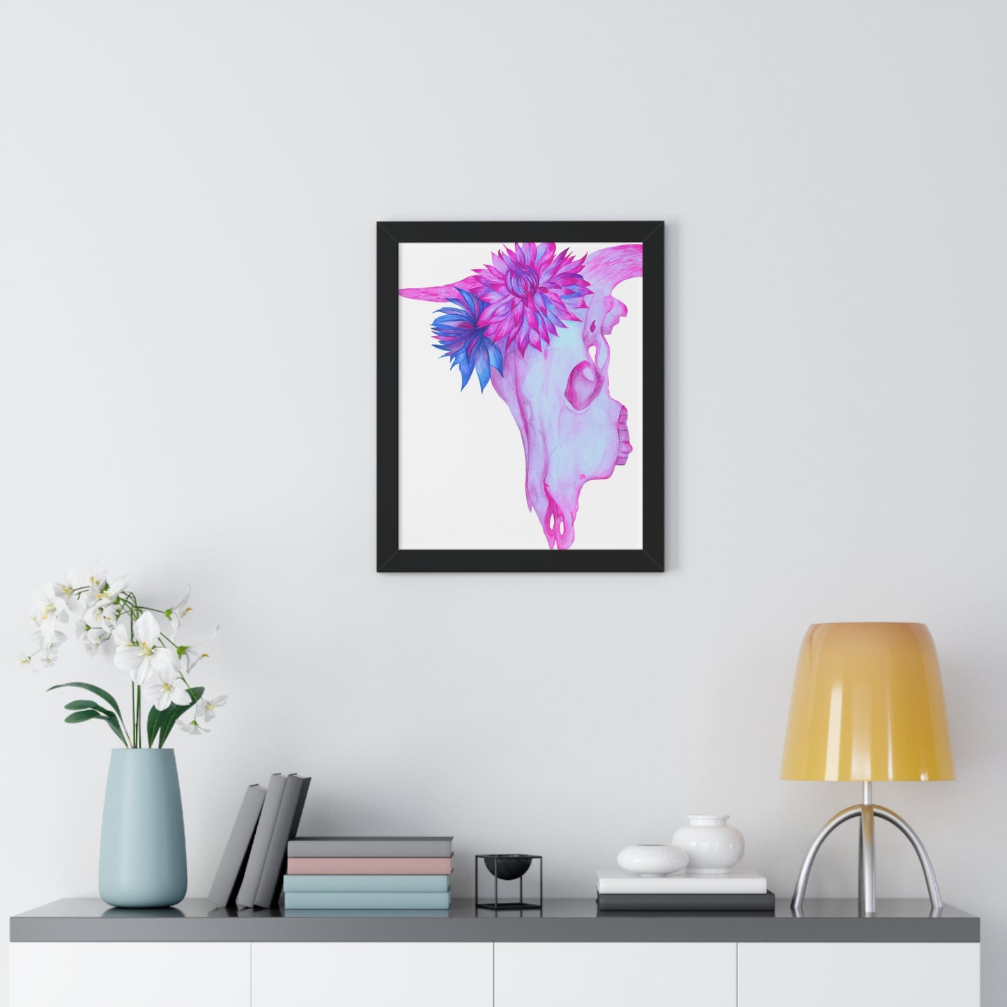 Floral Skull Framed Print  — Pink & Turquoise Cow Skull Wall Art