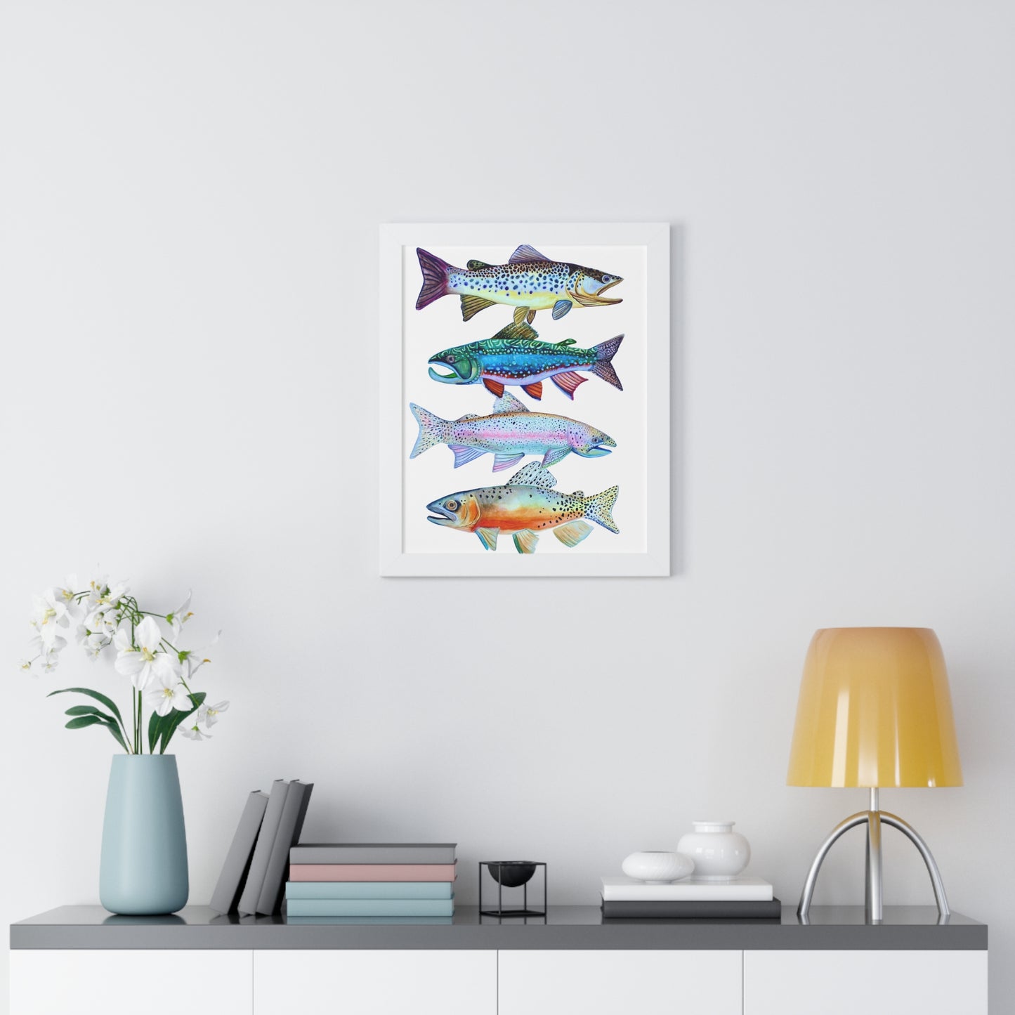 Colorful Trout Fish Watercolor Print Framed