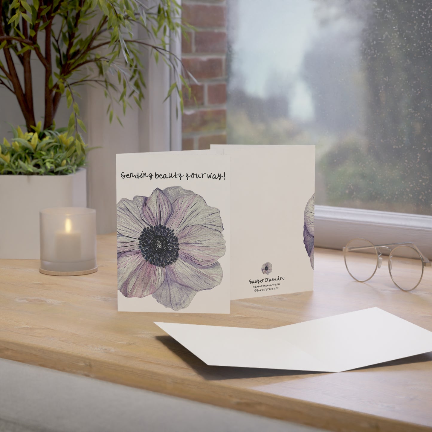 Just Because Anemone Wildflower Greeting Card Handpainted Watercolor Sending Beauty Your Way