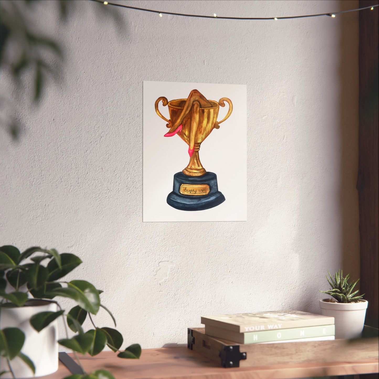 Trophy Wife Golden Trophy with Pink Shoes Illustration Print