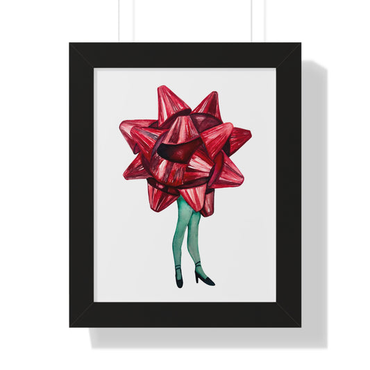 Gift Bow Christmas Woman Framed Print — Quirky Feminine Art Print for Home & Holiday Décor
