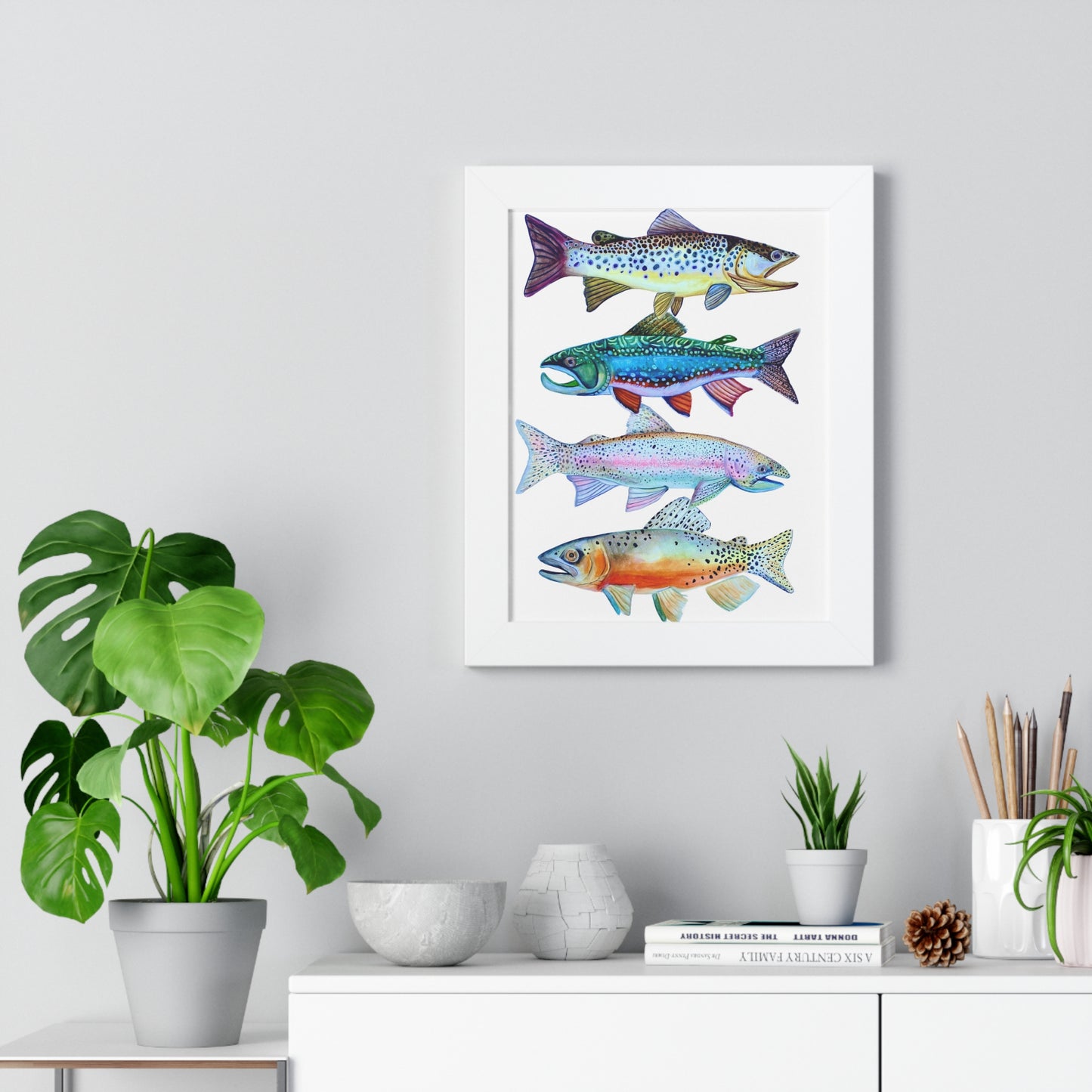 Colorful Trout Fish Watercolor Print Framed