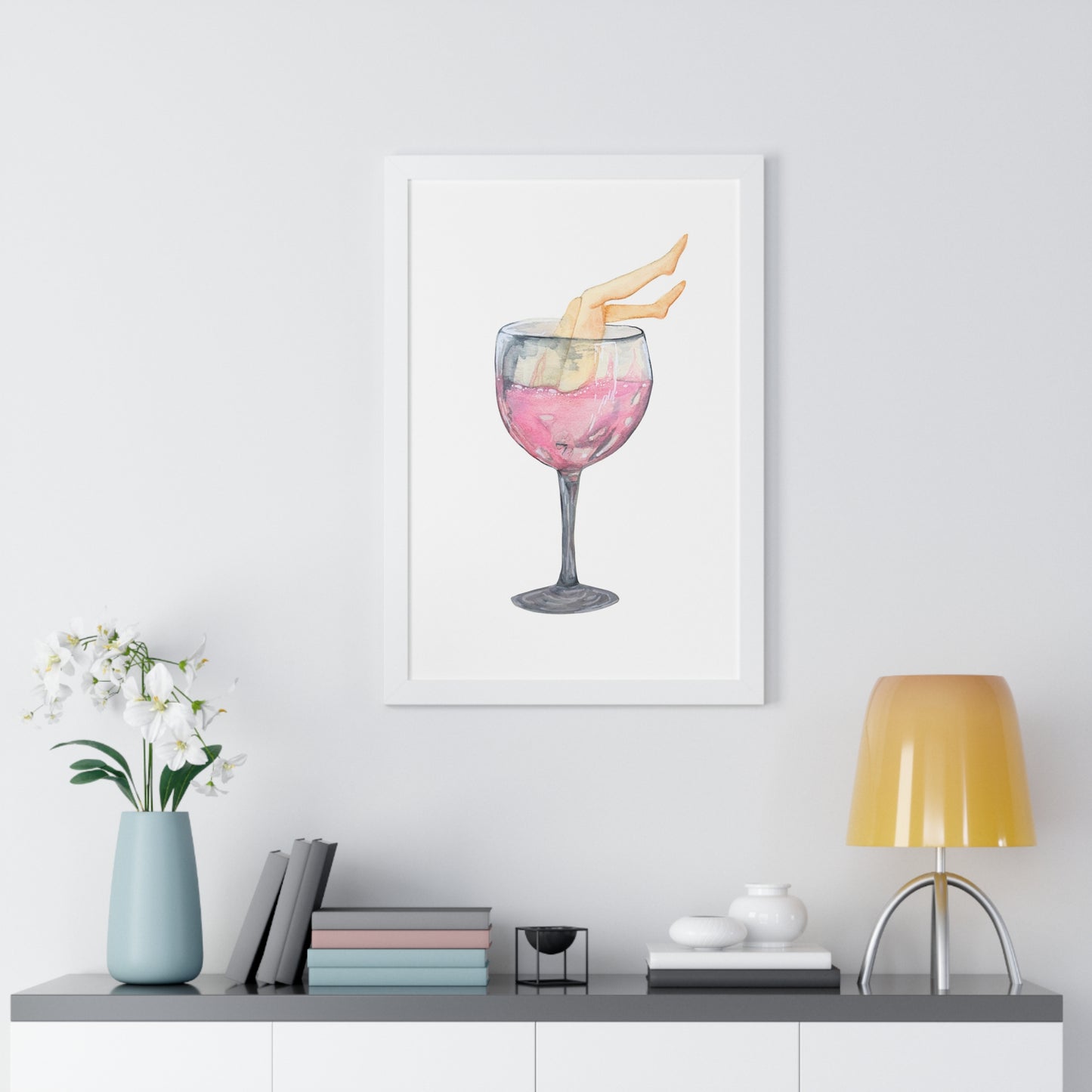 Wine Glass Art Print — Watercolor Cocktail with Legs Framed Print