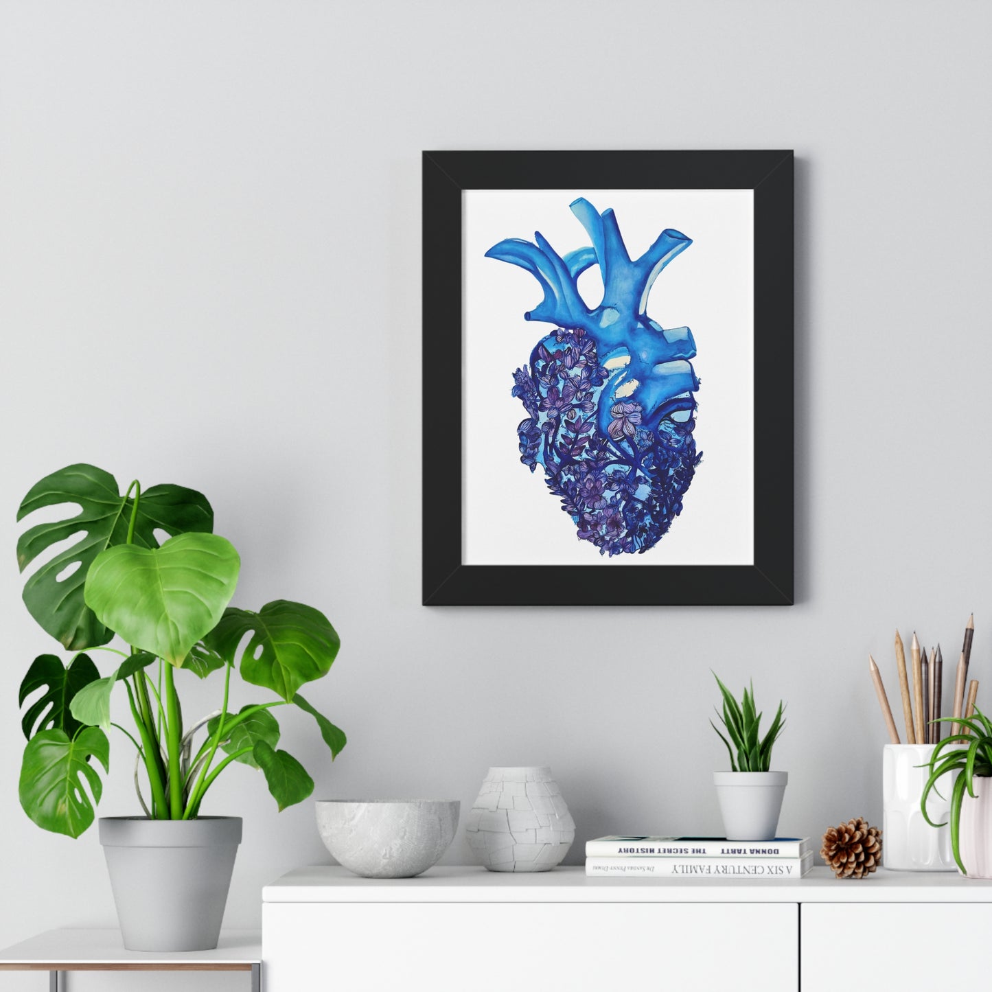 Blue Floral Bluebonnet Anatomical Heart Framed — Botanical Heart Art Print "Deep in The Heart"