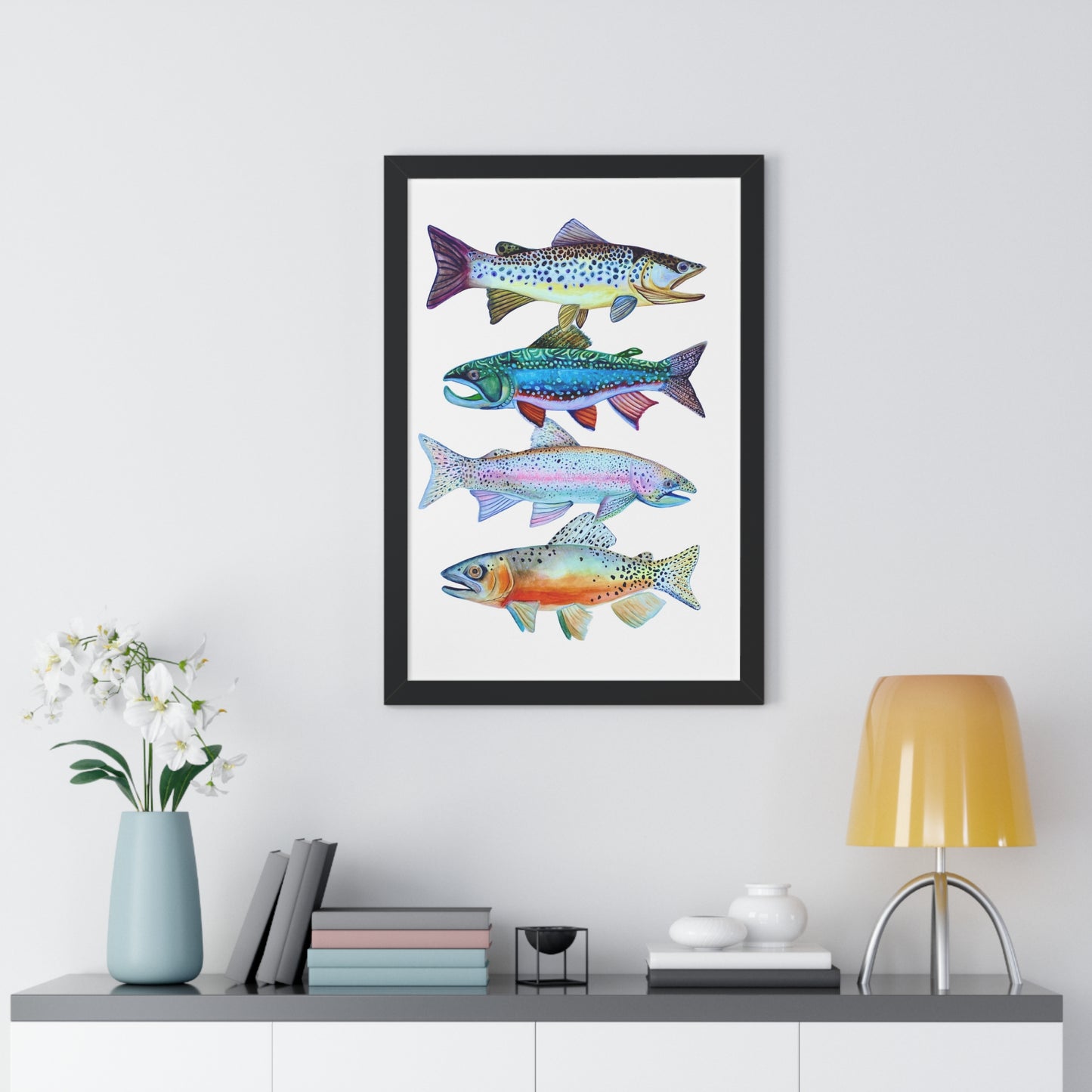 Colorful Trout Fish Watercolor Print Framed
