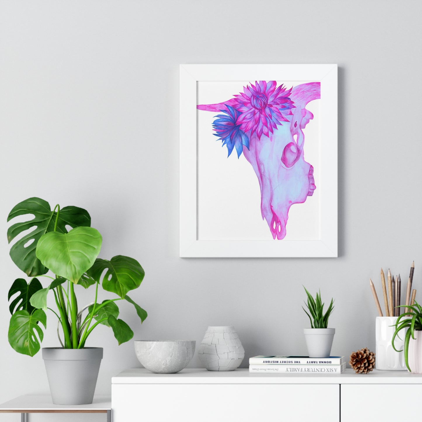 Floral Skull Framed Print  — Pink & Turquoise Cow Skull Wall Art