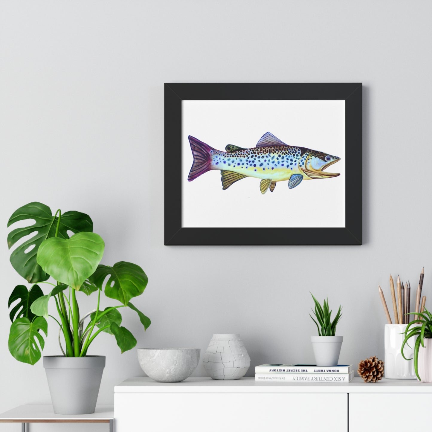 Framed Fish Art Print — Colorful Trout Horizontal Poster for Cabin, Lake House, or Nursery