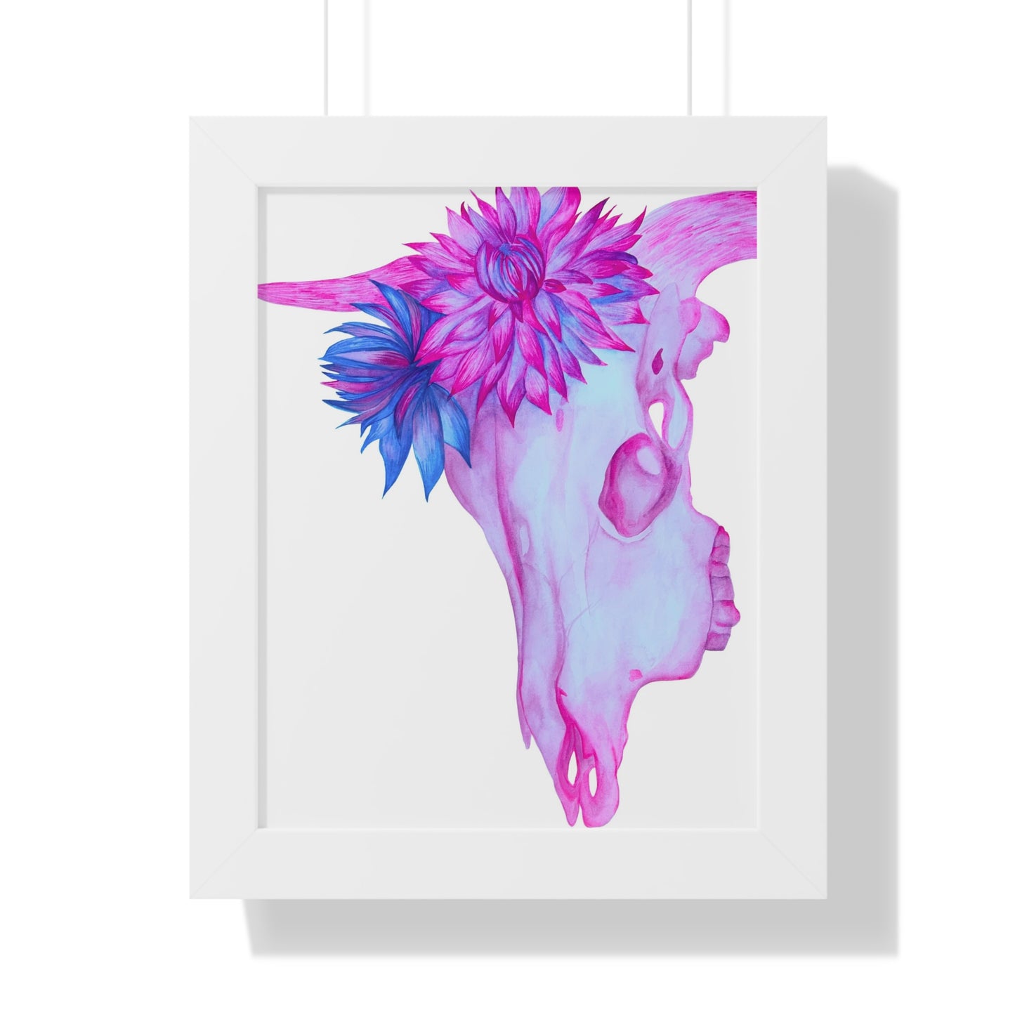 Floral Skull Framed Print  — Pink & Turquoise Cow Skull Wall Art