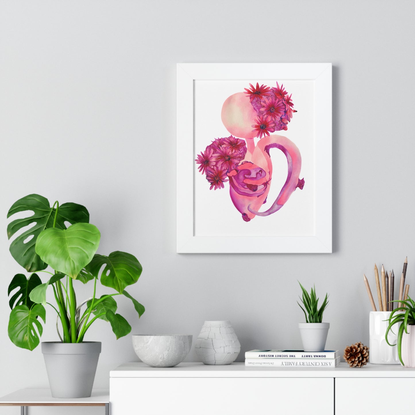 Framed Pink Floral Anatomical Uterus Female Feminist Art Print