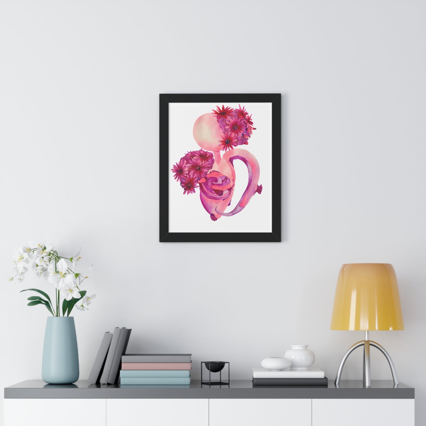 Framed Pink Floral Anatomical Uterus Female Feminist Art Print