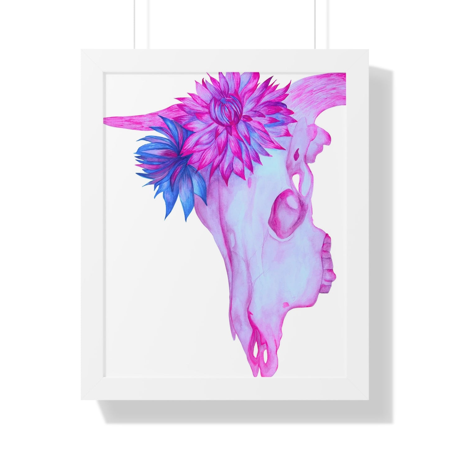 Floral Skull Framed Print  — Pink & Turquoise Cow Skull Wall Art