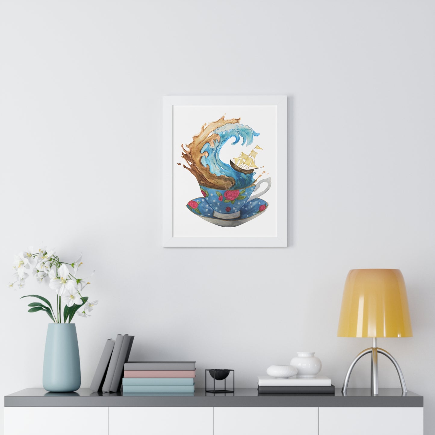 Whimsical Teacup Wave Framed Art Print, Swiftie Sailboat Tea Art Print A Storm Inside A Teacup