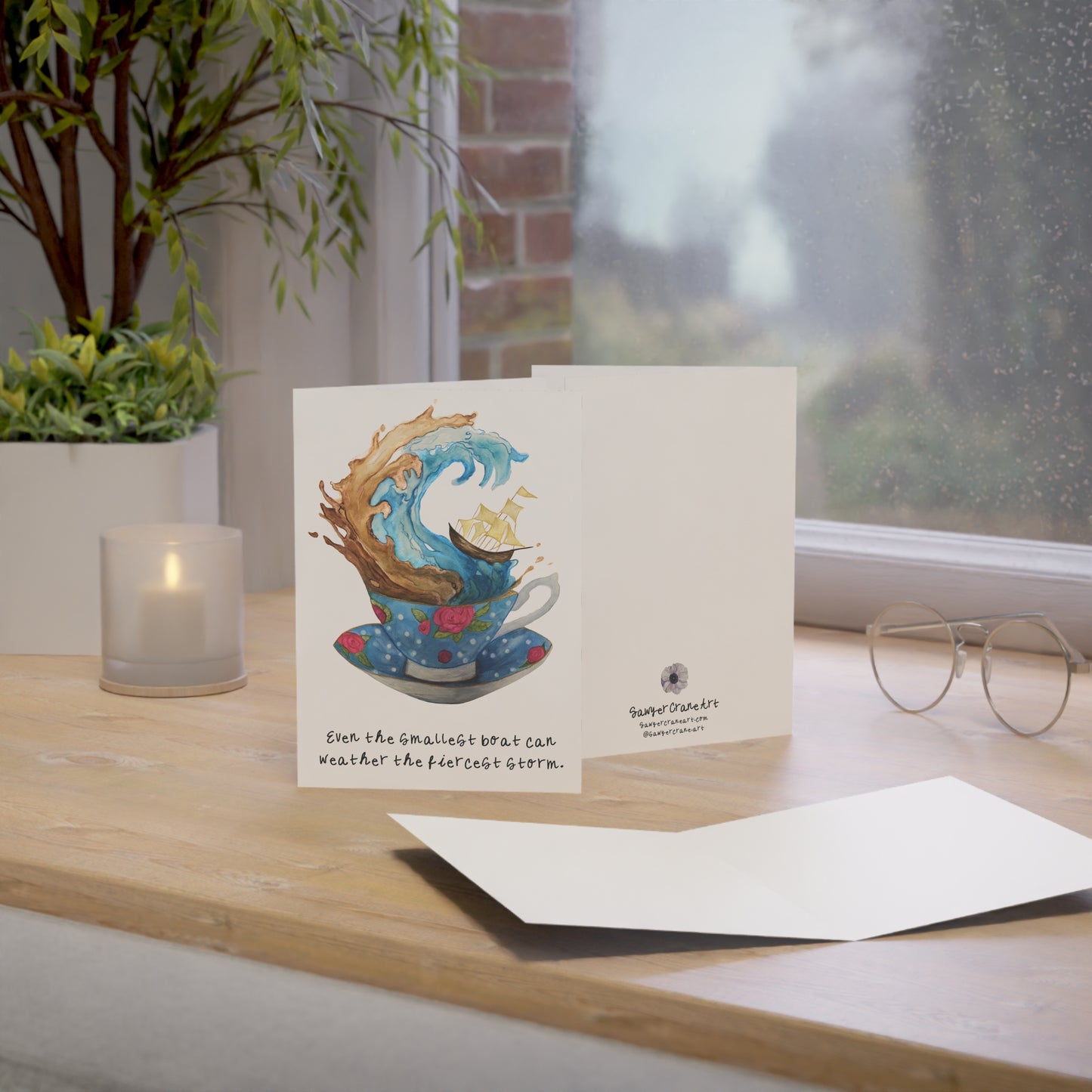 Floral Teacup Card "Small Boat" Storm Inside A Teacup - Swiftie (Watercolor, Hand-painted)